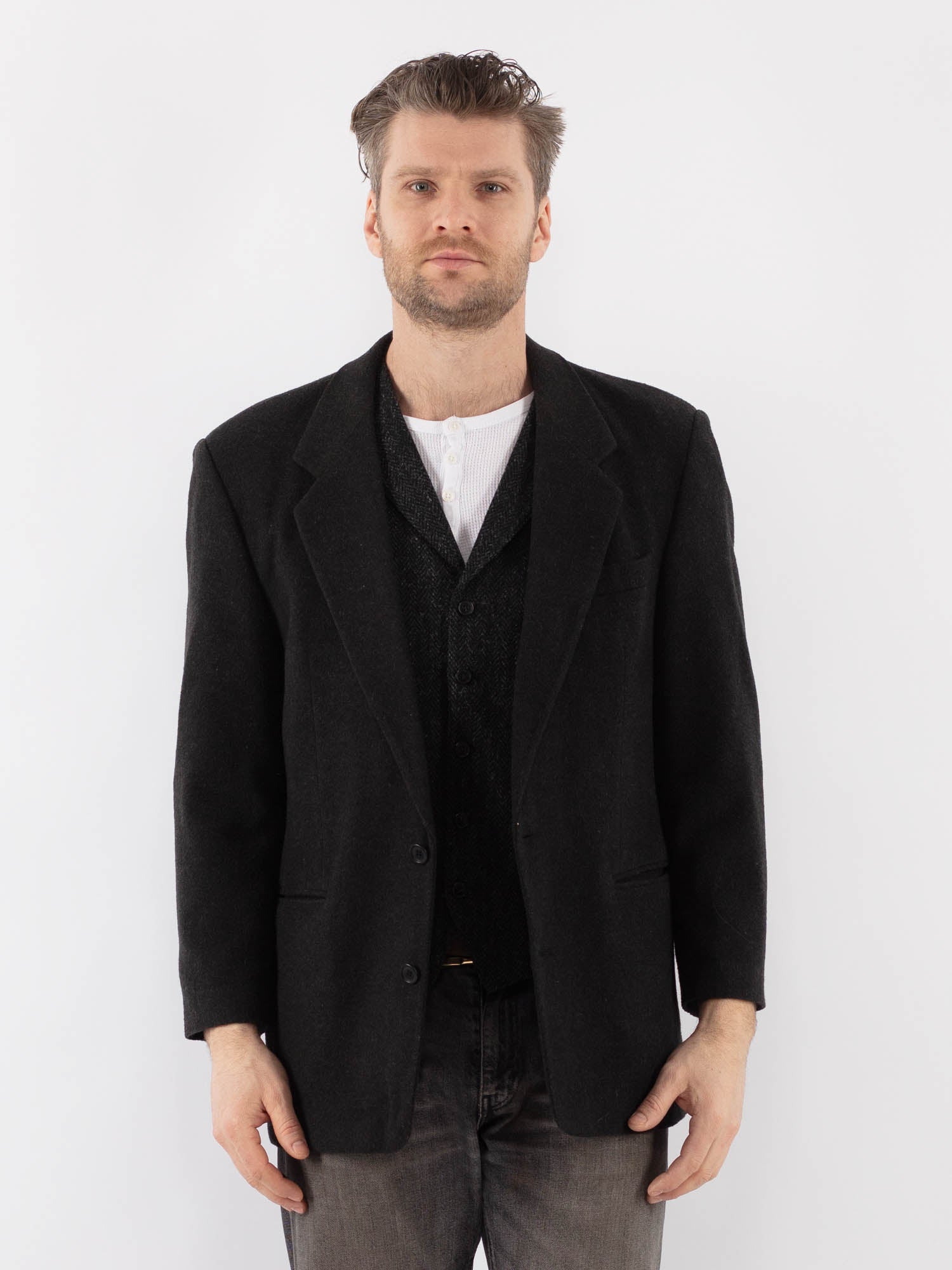 Vintage 90's Men Wool Blend Blazer Jacket in Gray by Northern Grip