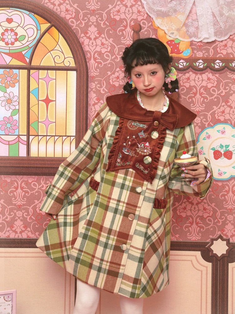 Harajuku Coat Green Plaid Woolen Coat Decora Kei Coat | Lutra Jump by Land Decora