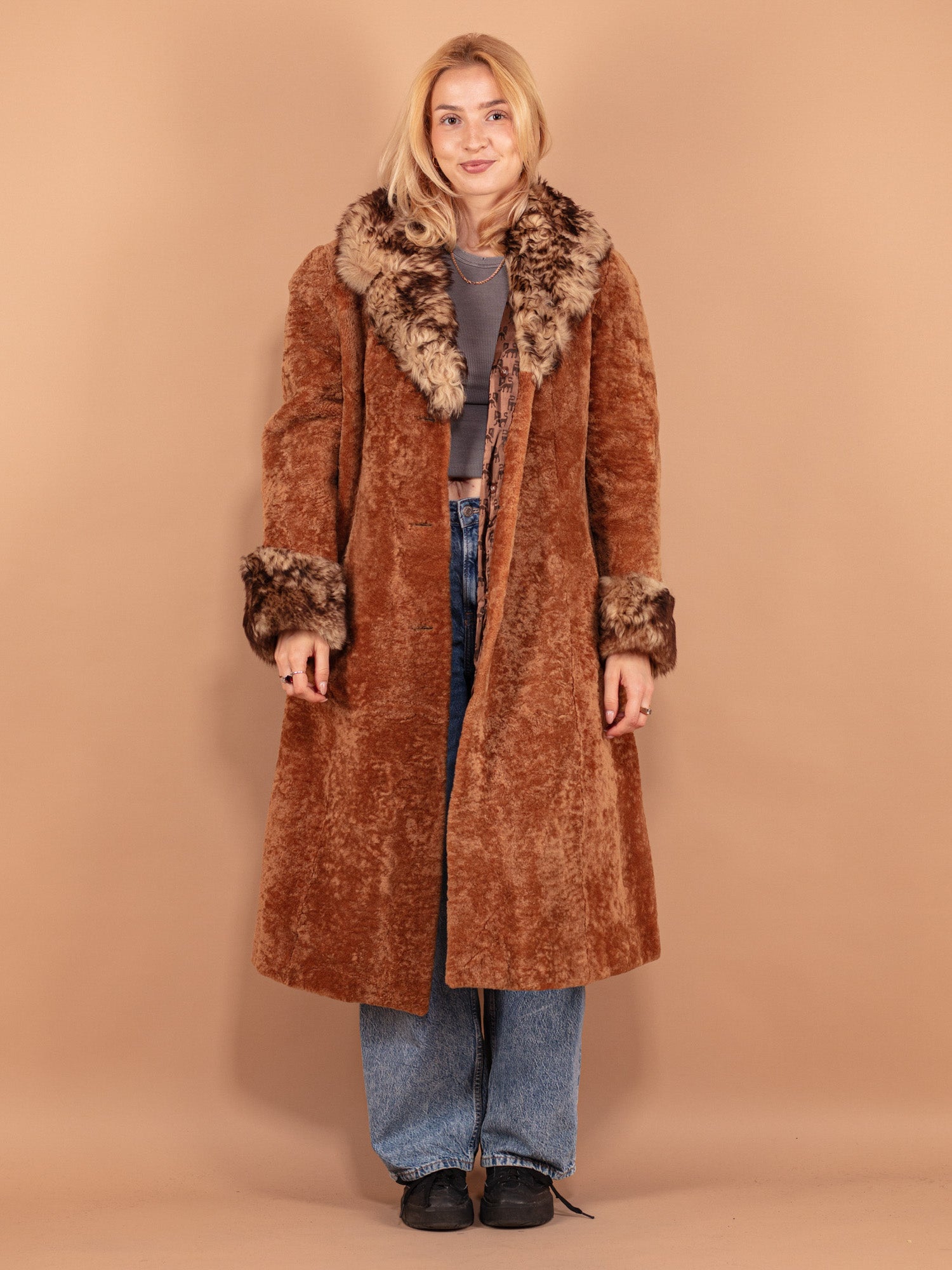 Vintage 70's Women Sheepskin Shearling Coat in Brown by Northern Grip