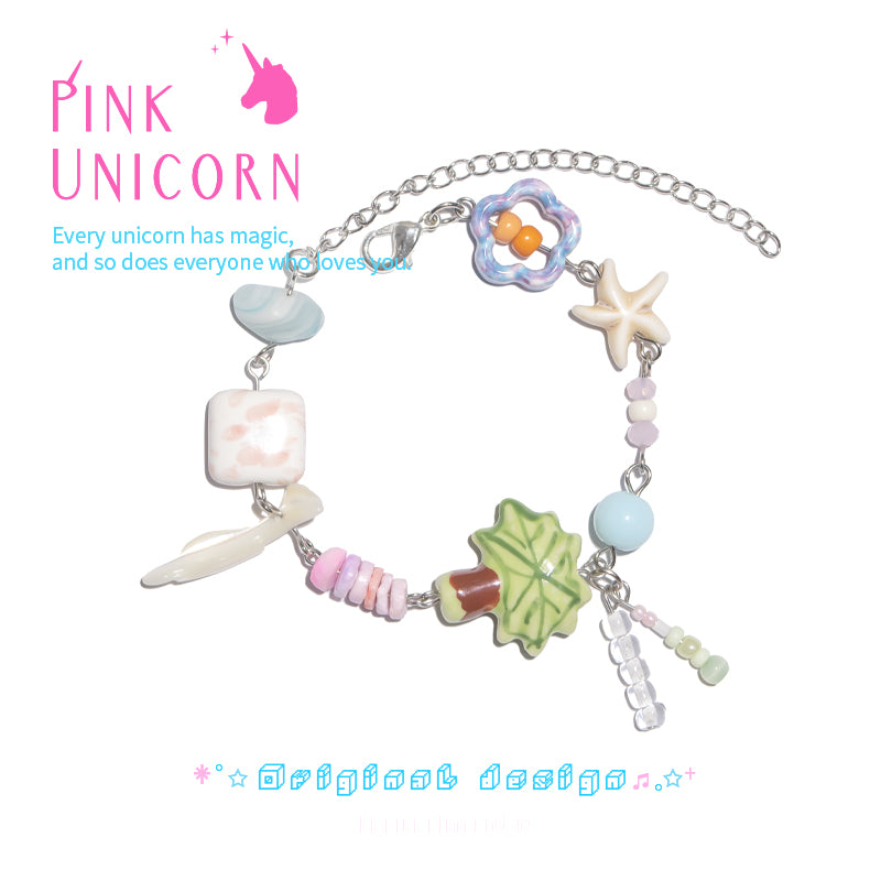 Y2K Colorful Beaded Bracelet Resin Natural Stone - Pink Unicorn by Land Decora