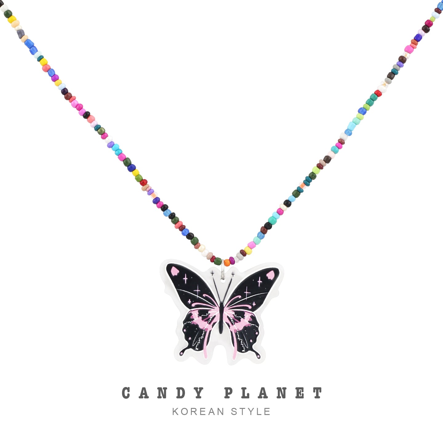 Decora Kei Black Pink Butterfly Beaded Necklace - Candy Planet by Land Decora