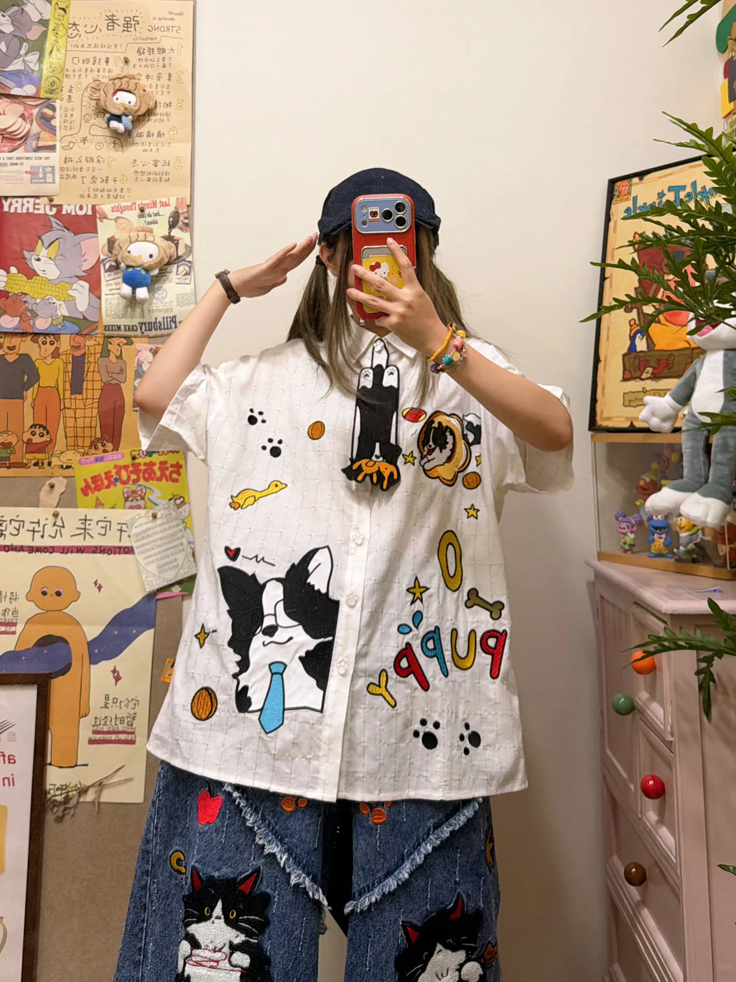 Kawaii Puppy Embroidered Oversized Shirt with Tie | BIBULU by Land Decora