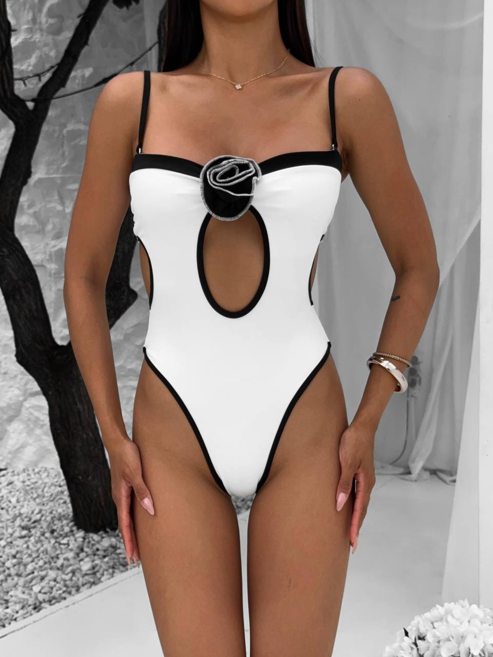 Montego Cut Out Flower Detail Contrast One Piece in White by MERIEL