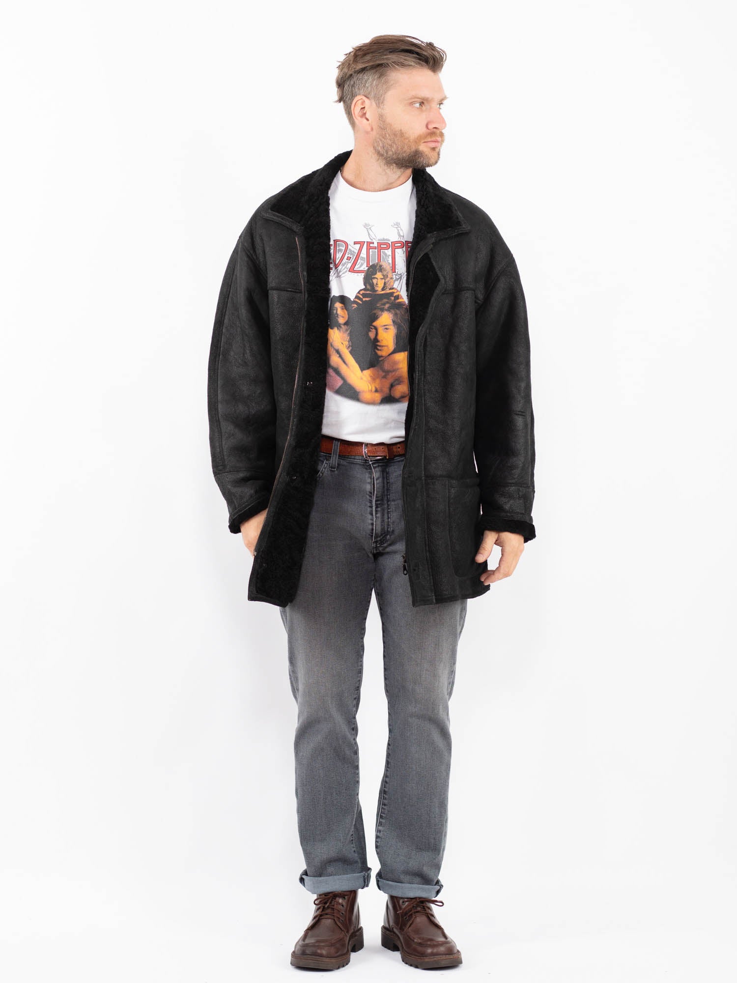Vintage 90's Men Sheepskin Coat in Black by Northern Grip