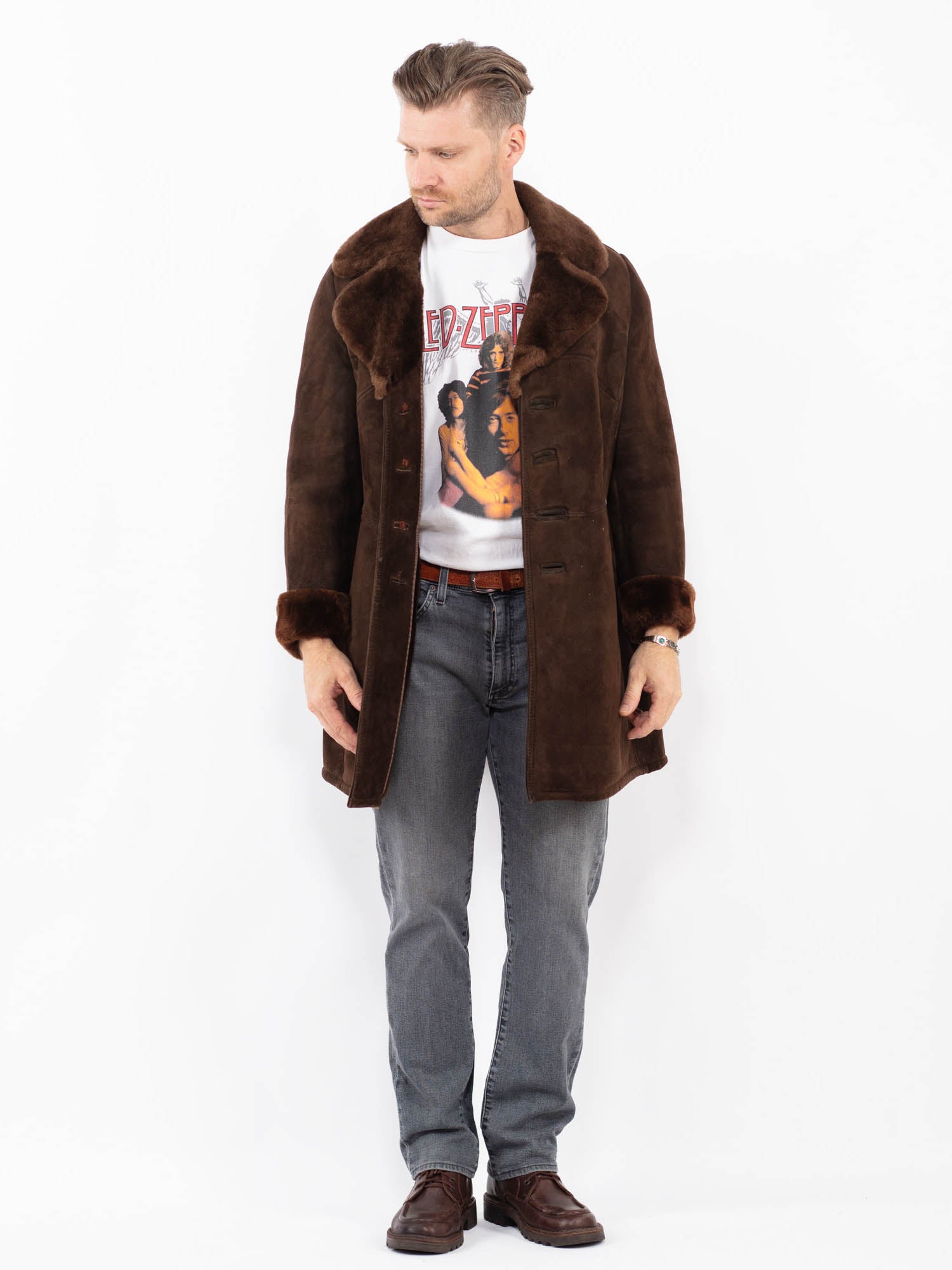 Vintage 70's Men Sheepskin Coat in Brown by Northern Grip
