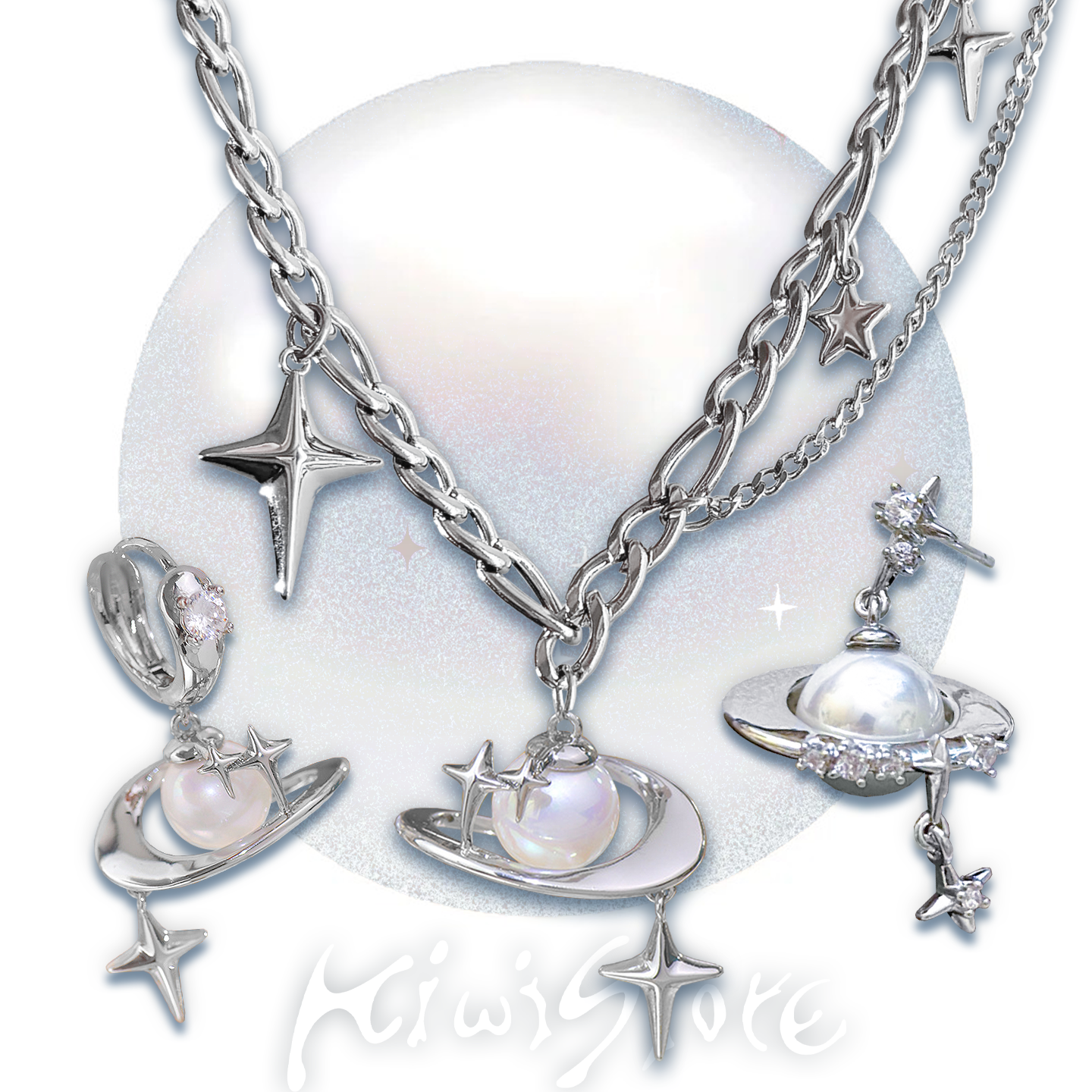 Y2K Saturn Orbit Necklace Star Trail Pendant - Kiwi Store by Land Decora