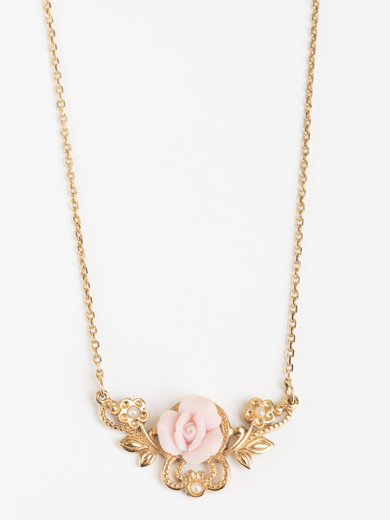Vintage 80s Pink Rose Necklace with Faux Pearls and Gold-Tone Floral Pendant by Northern Grip