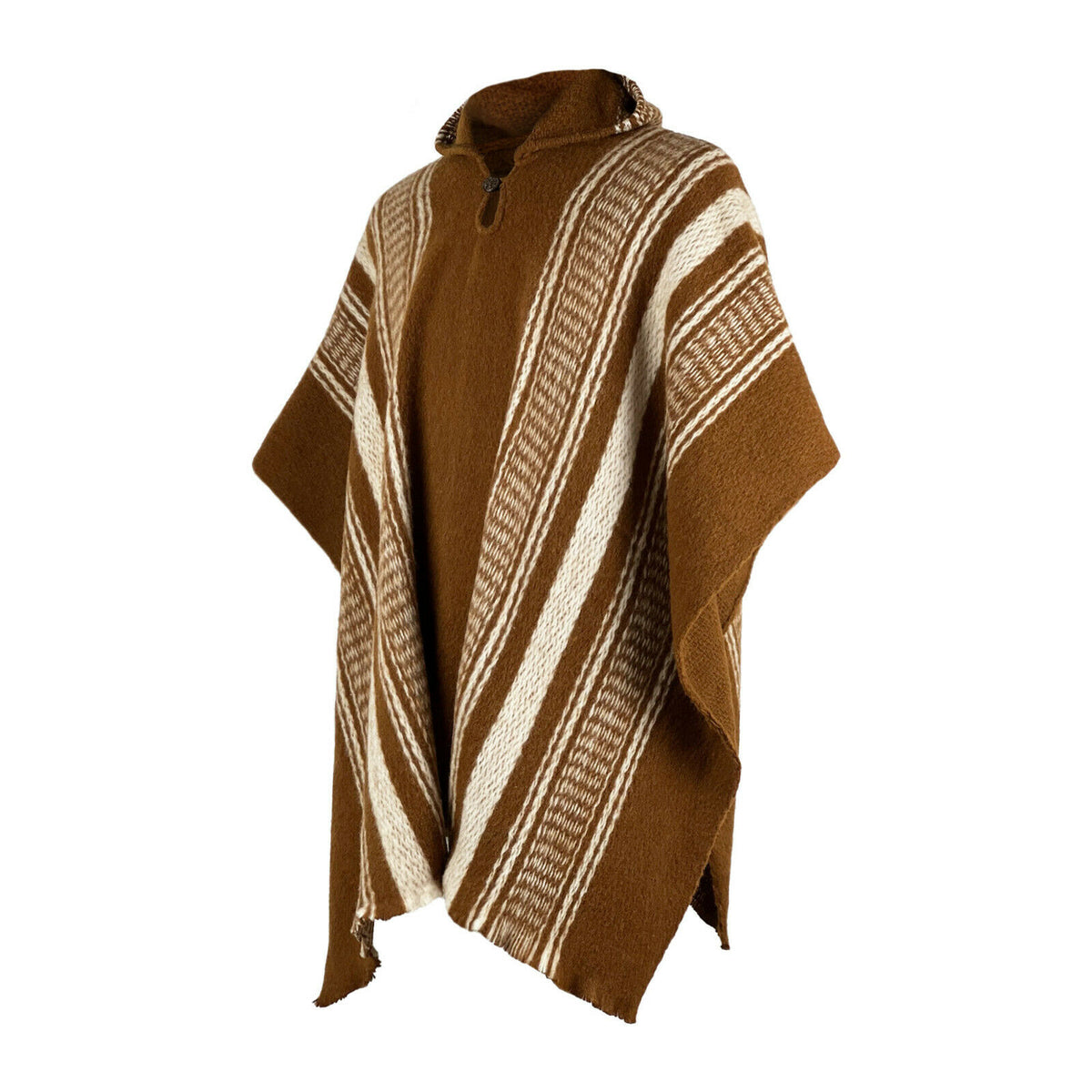 Llama Wool Unisex South American Handwoven Hooded Poncho - brown by ECUALAMA