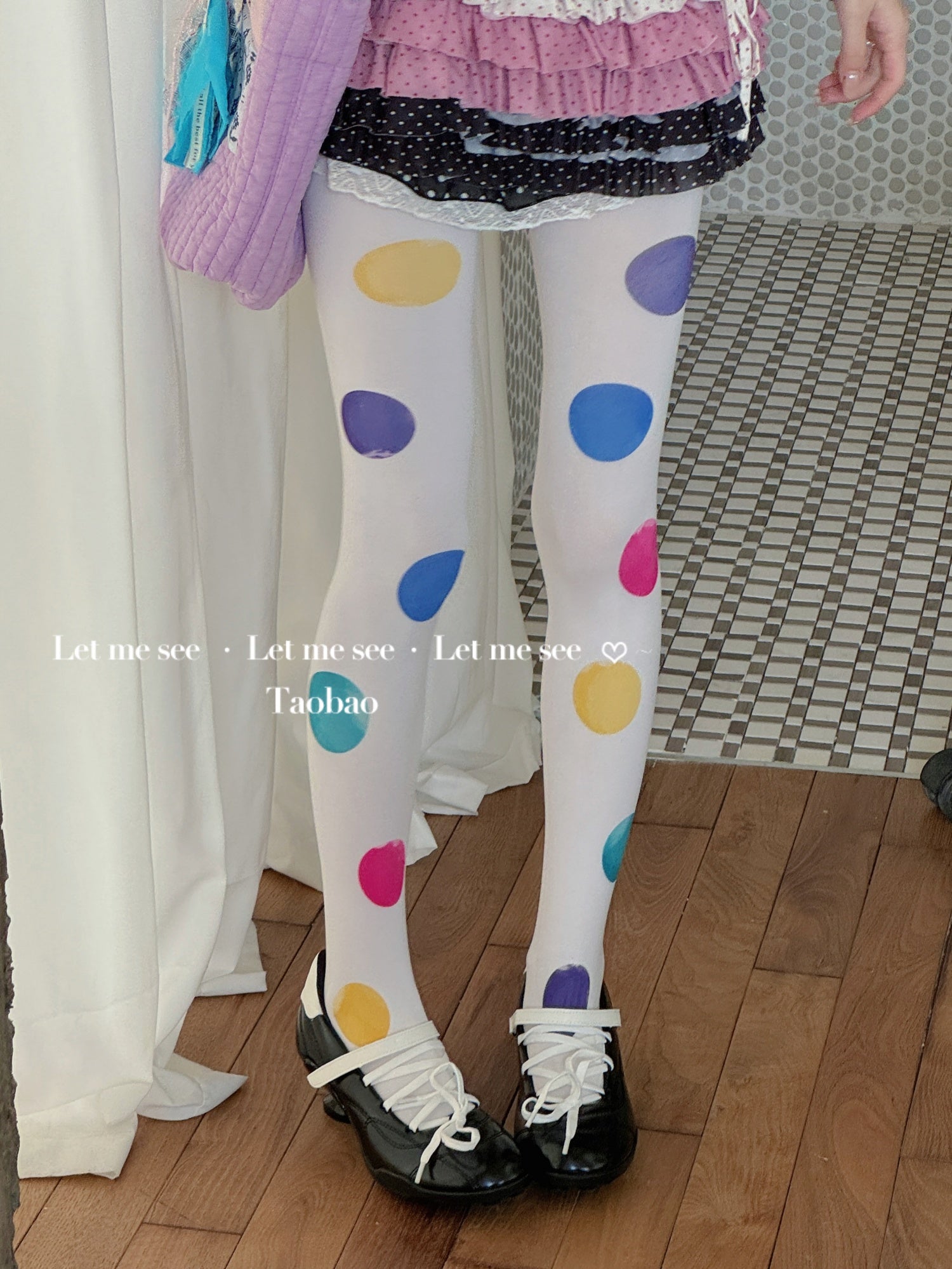 Kawaii Colorful Big Dot White Tights - Printed Sheer Pantyhose - LET ME SEE by Land Decora