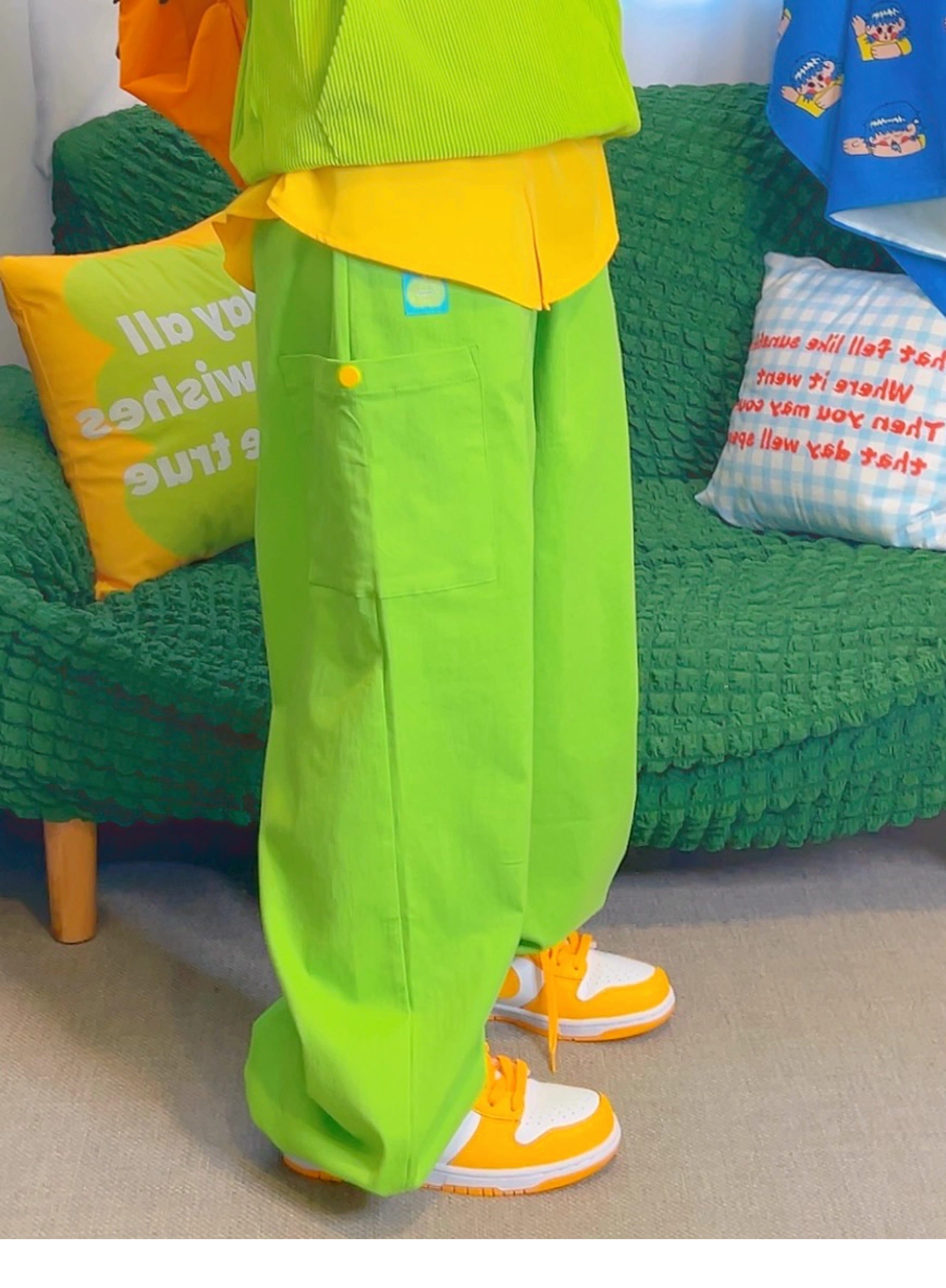 Dopamine Green Cargo Pants Colorful Loose Straight Fit - KURIOSITAET by Land Decora