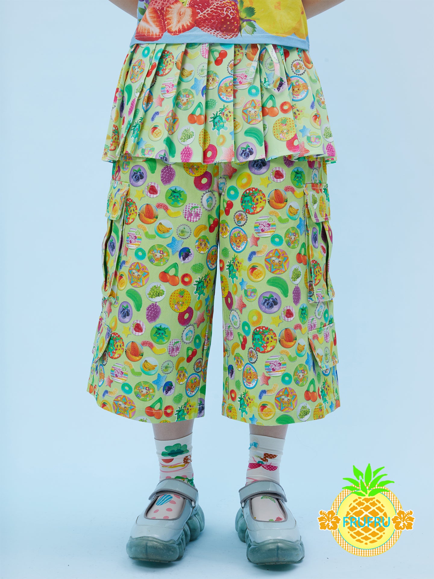 Frufru Vintage Badge Print Pleated Overlay Culottes | Two-Piece Look S by Land Decora