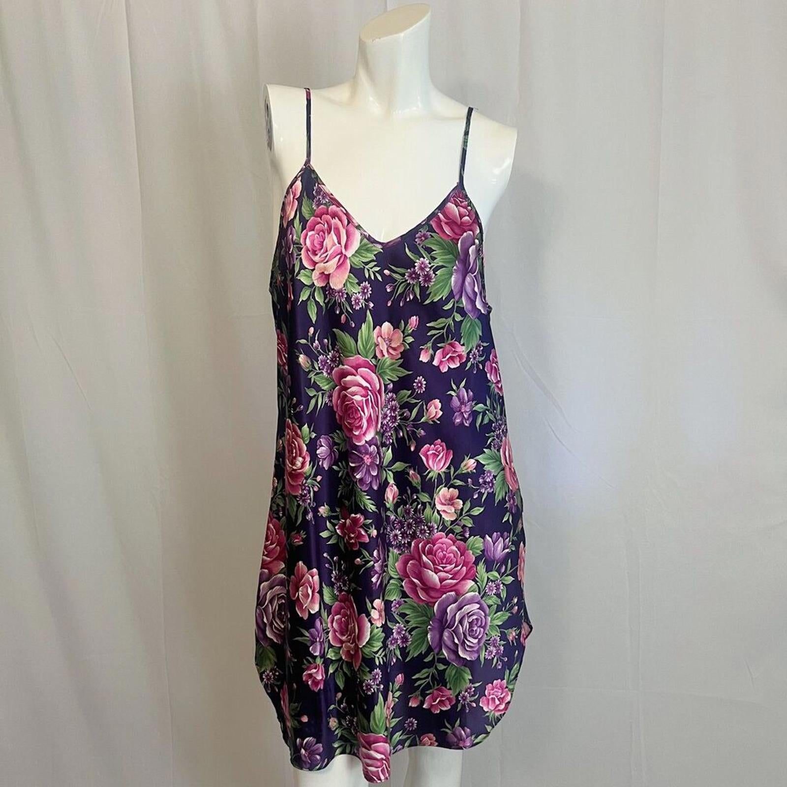 y2k Vintage Dentelle Purple Floral Satin Slip Dress Women's Size L by Hot Girl Secondhand