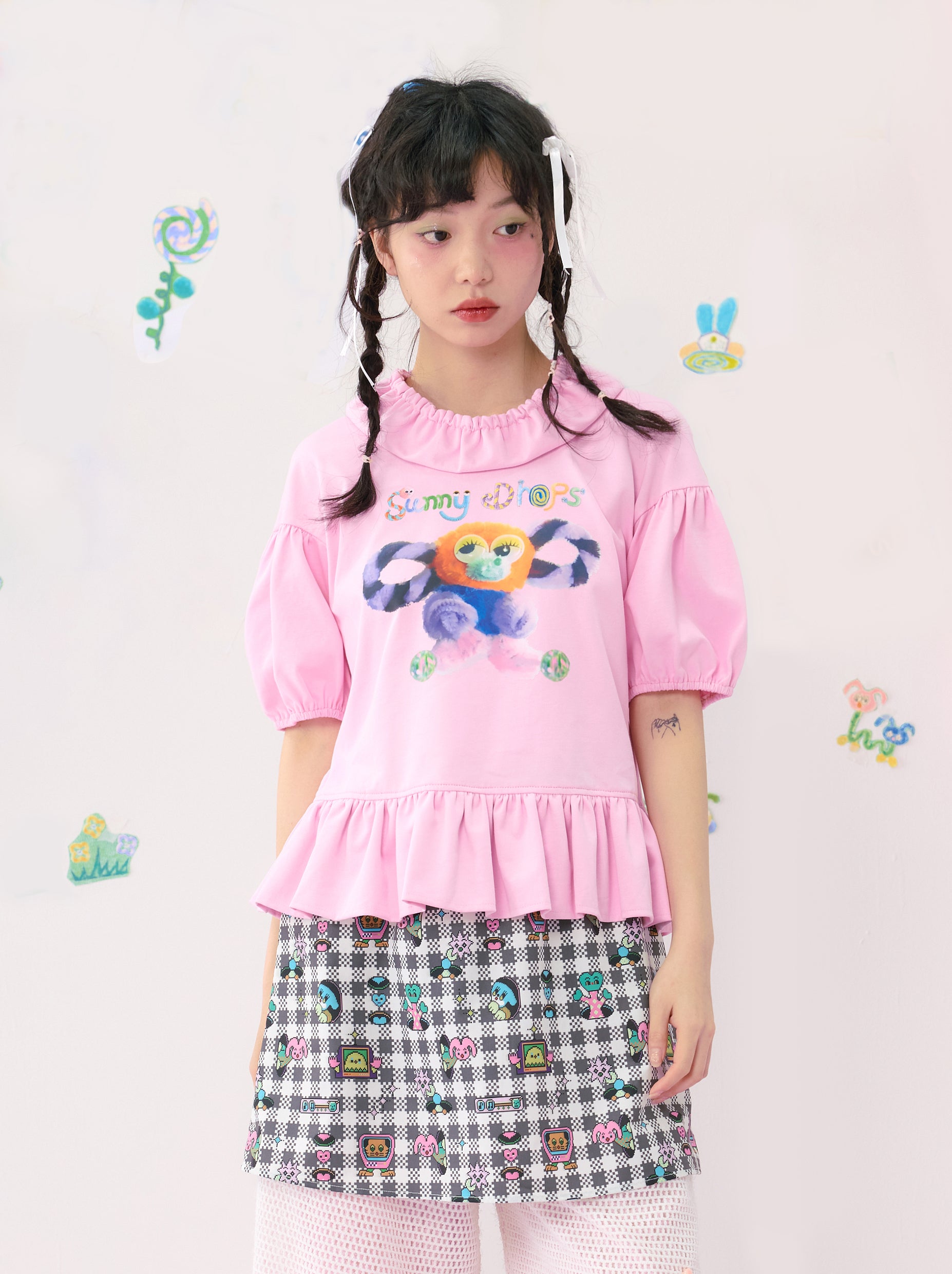 Harajuku T-shirt Pink Colorful Print Puff Sleeve – HELPHELP by Land Decora