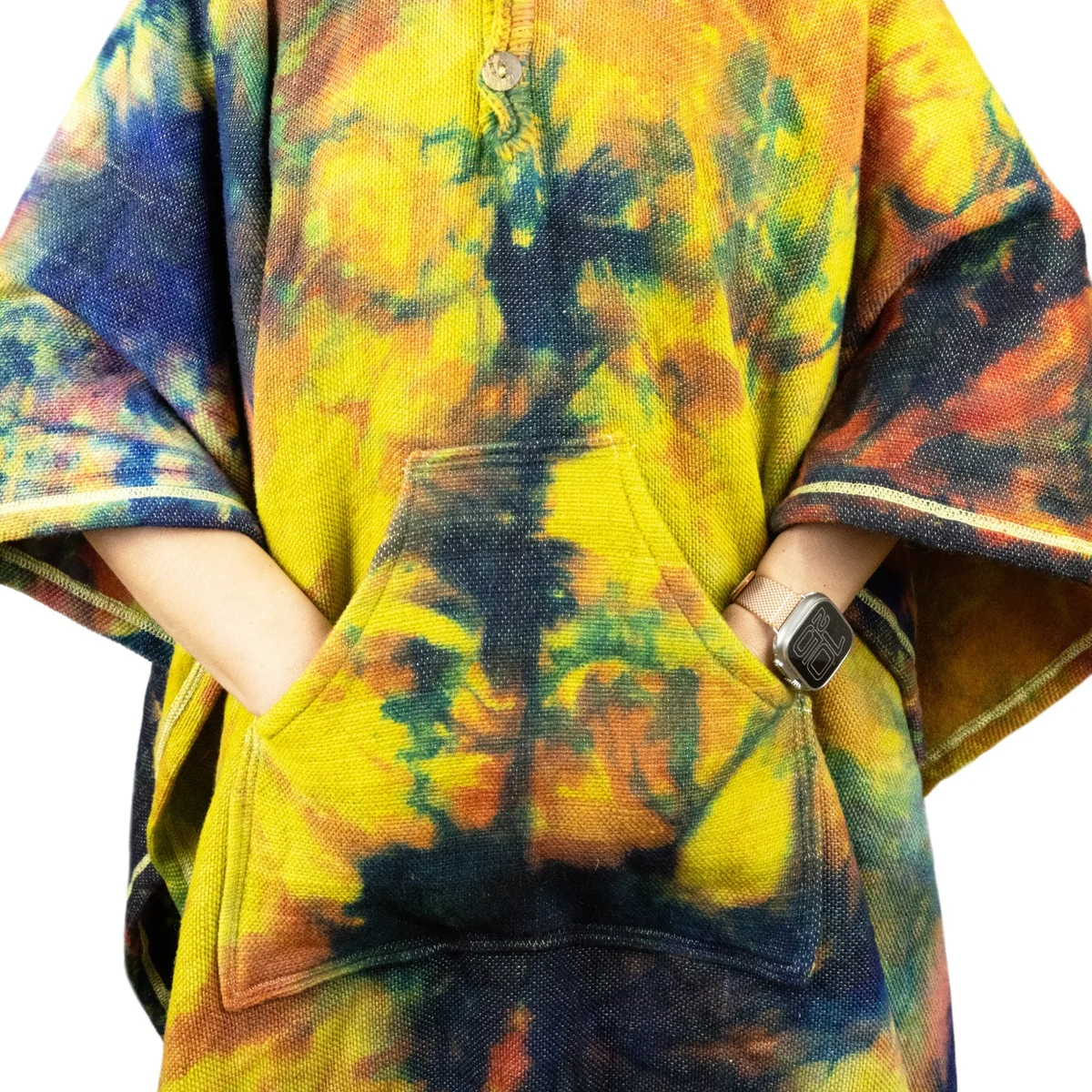 Cachiyacu 100% Llama Wool Hooded Pocket Poncho – Yellow Abstract by ECUALAMA