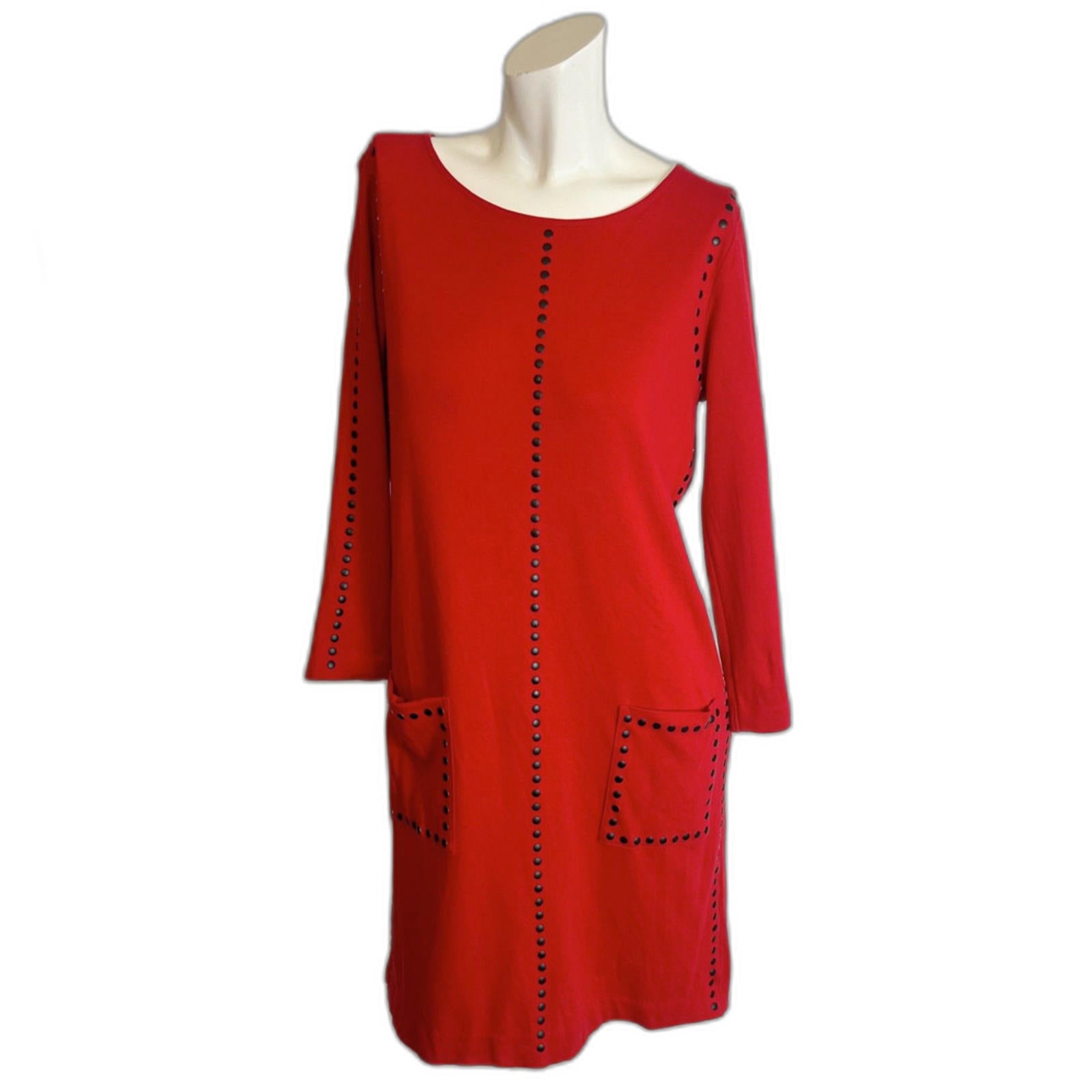 Joan Vass Red Long Sleeve Dress Black Dots Studs Women's Size 1 M by Hot Girl Secondhand
