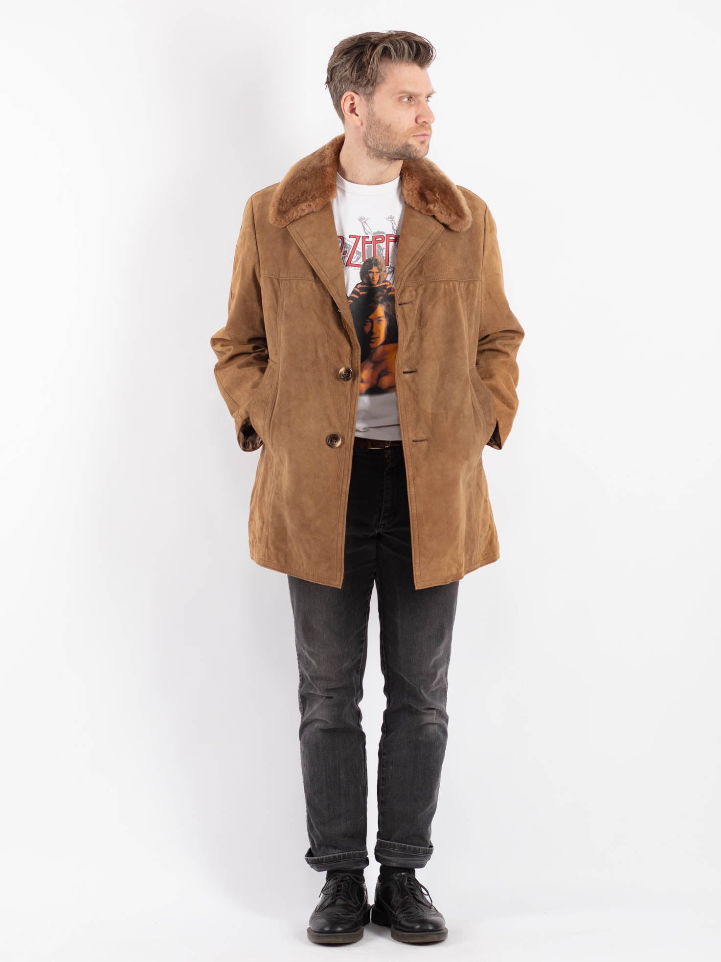 Vintage 70's Men Suede Sherpa Coat in Beige by Northern Grip