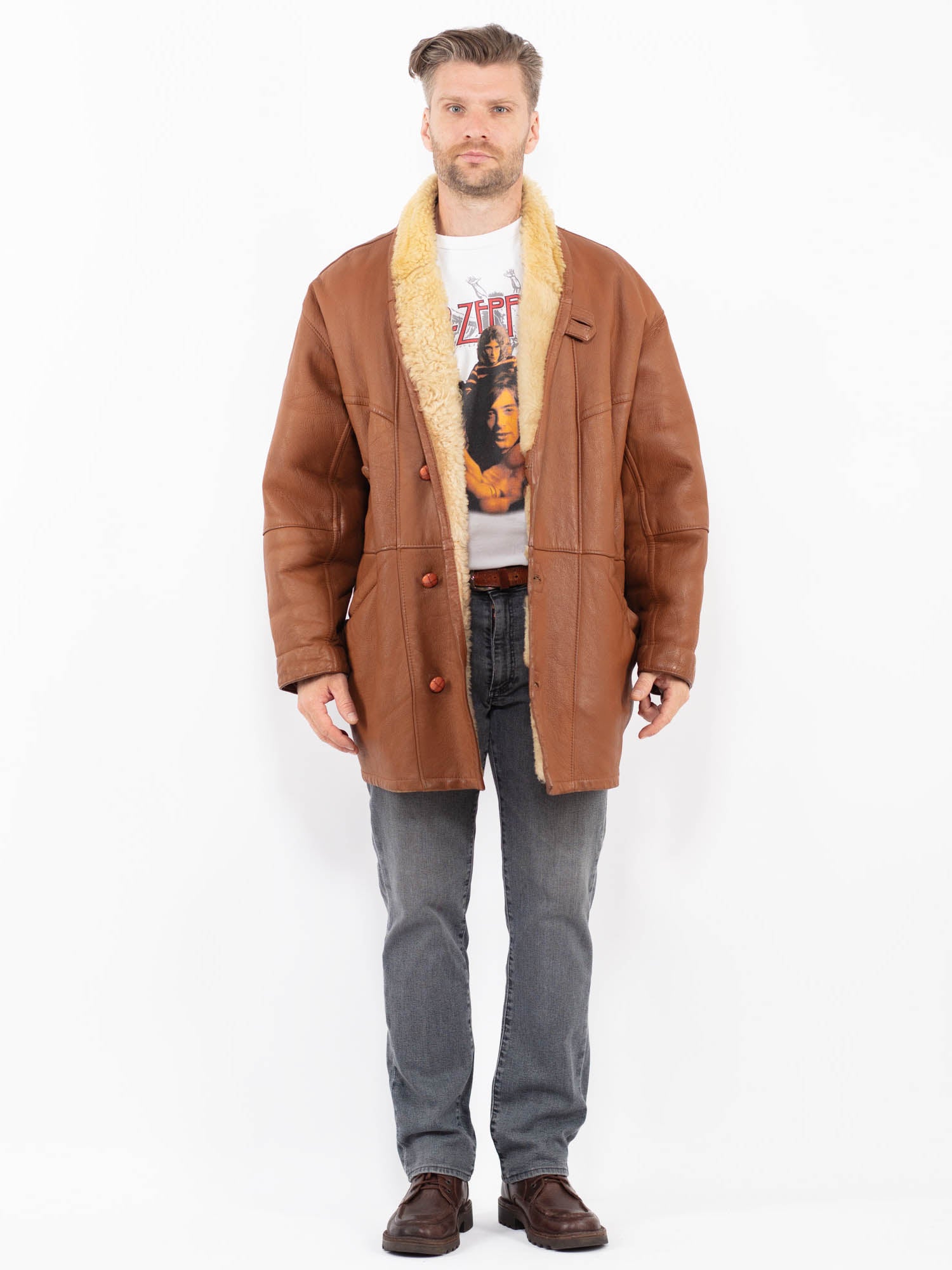 Vintage 80's Men Sheepskin Coat in Brown by Northern Grip