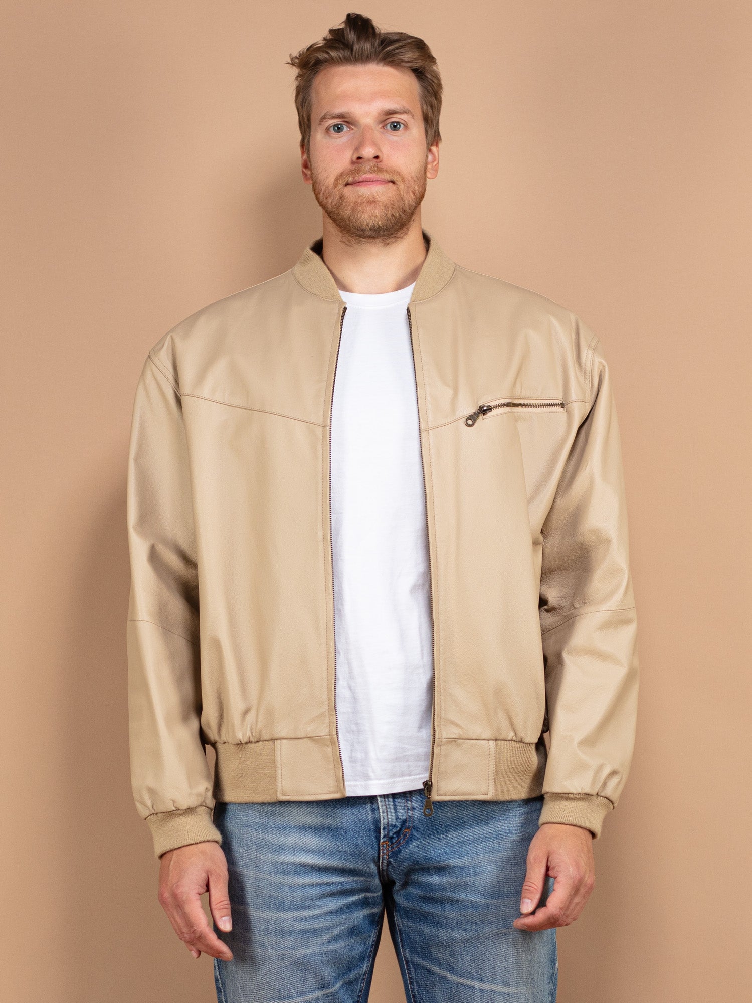 Vintage 90's Men Leather Bomber Jacket in Beige by Northern Grip