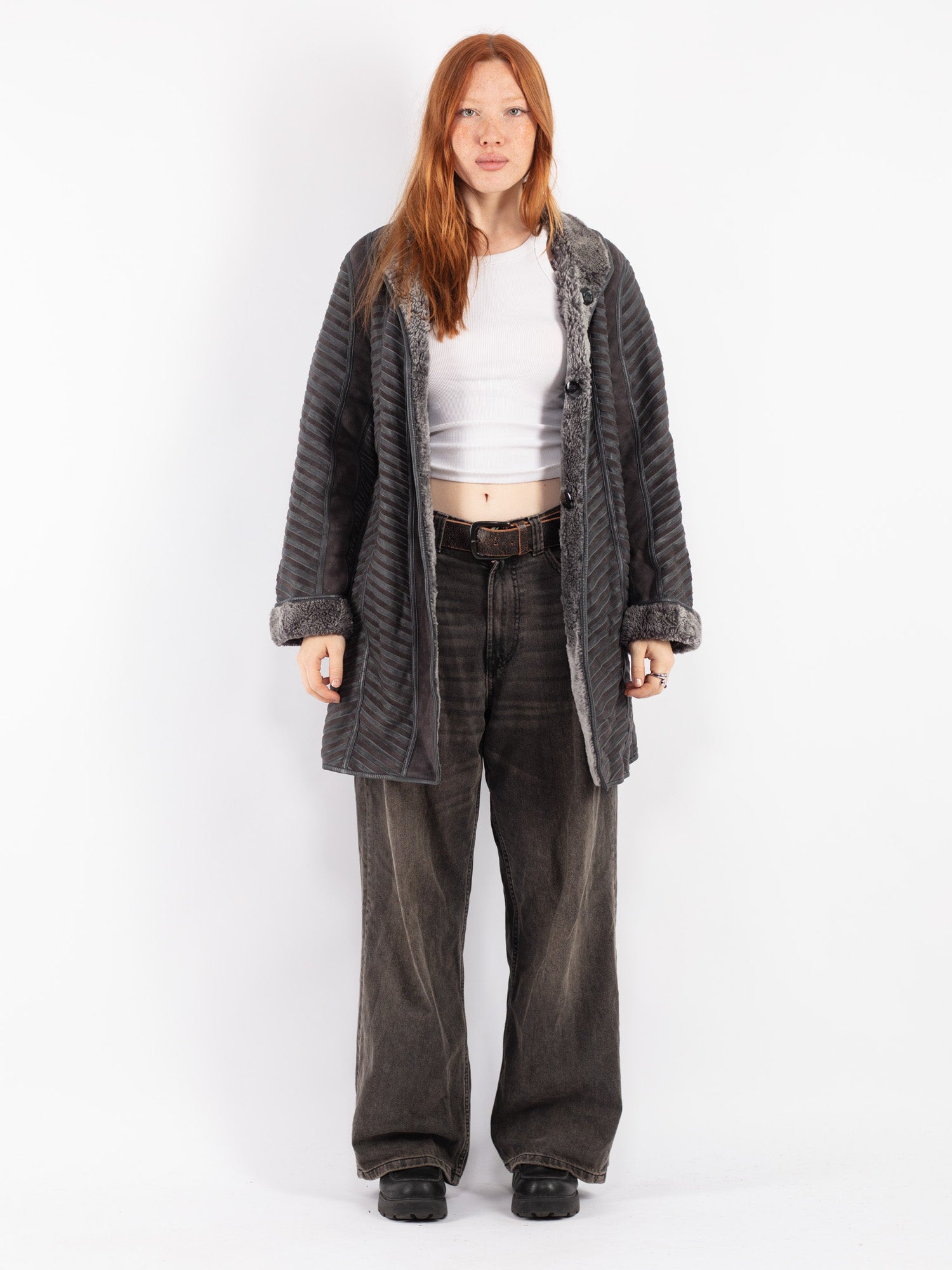 Vintage 80's Women Sheepskin Coat in Gray by Northern Grip