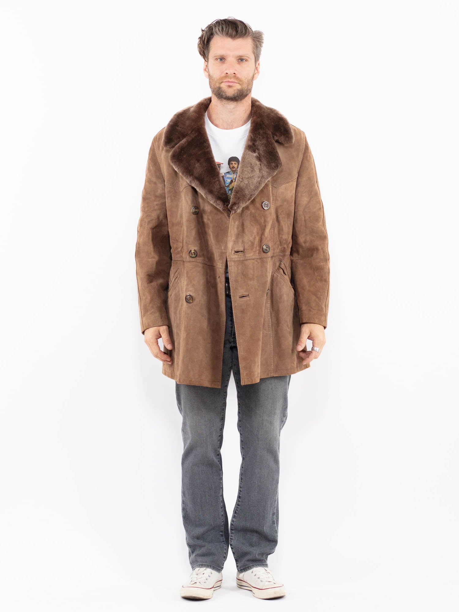 Vintage 70's Men Suede Sherpa Coat in Brown by Northern Grip