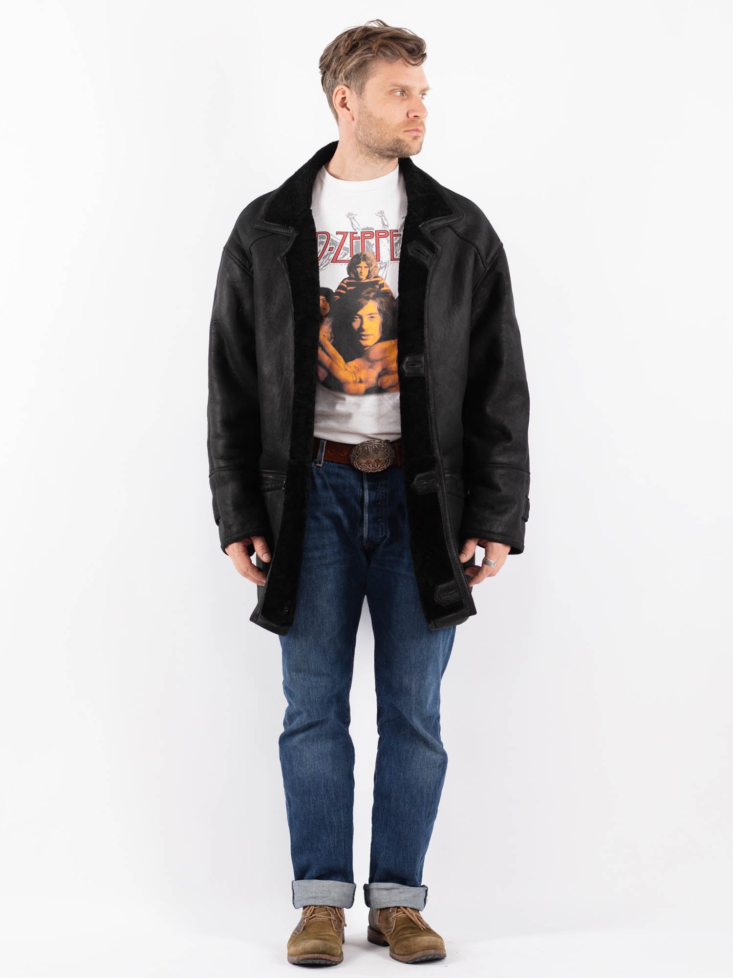 Vintage 90's Men Sheepskin Coat in Black by Northern Grip