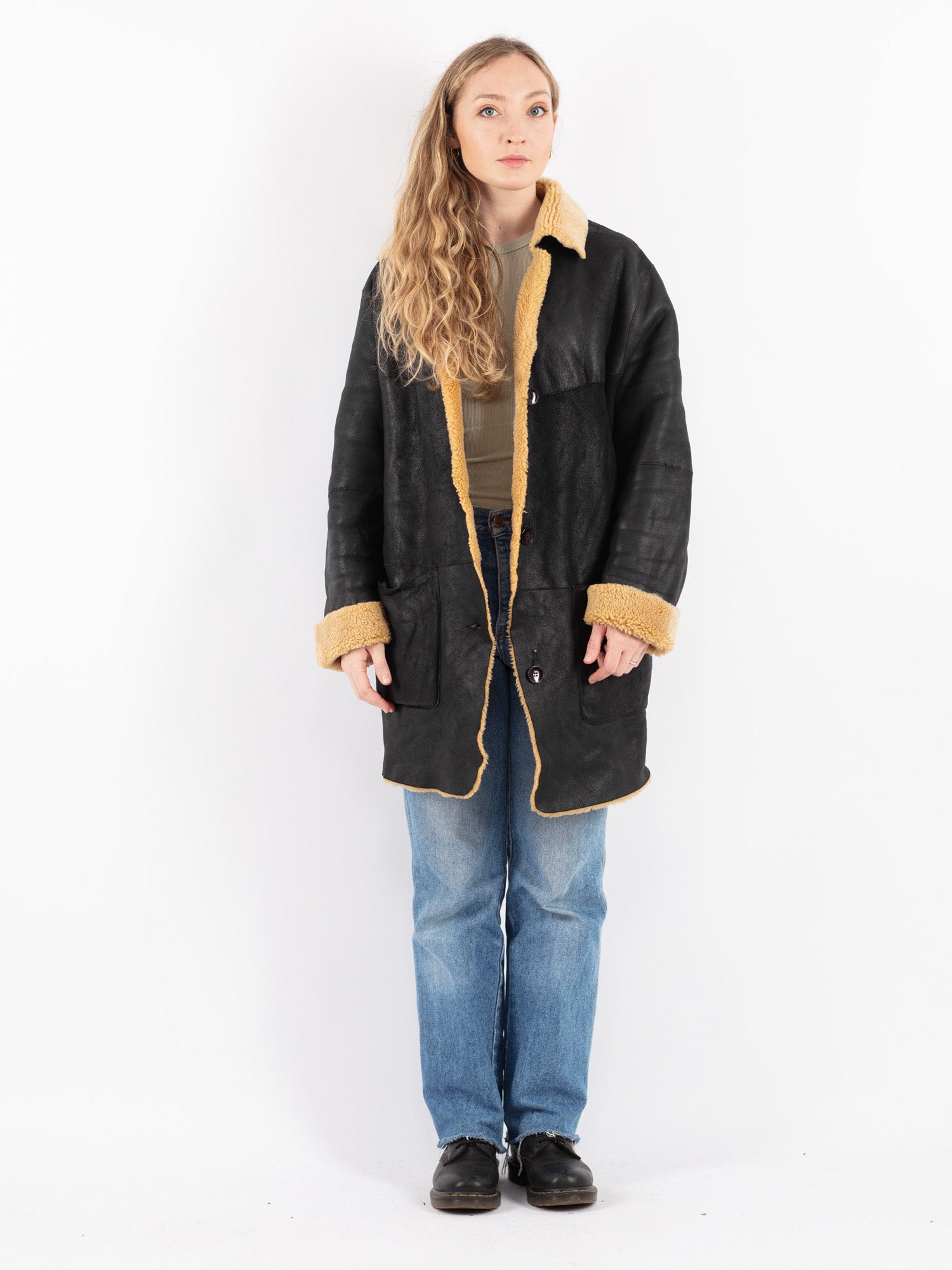 Vintage 90's Women Sheepskin Coat in Black by Northern Grip