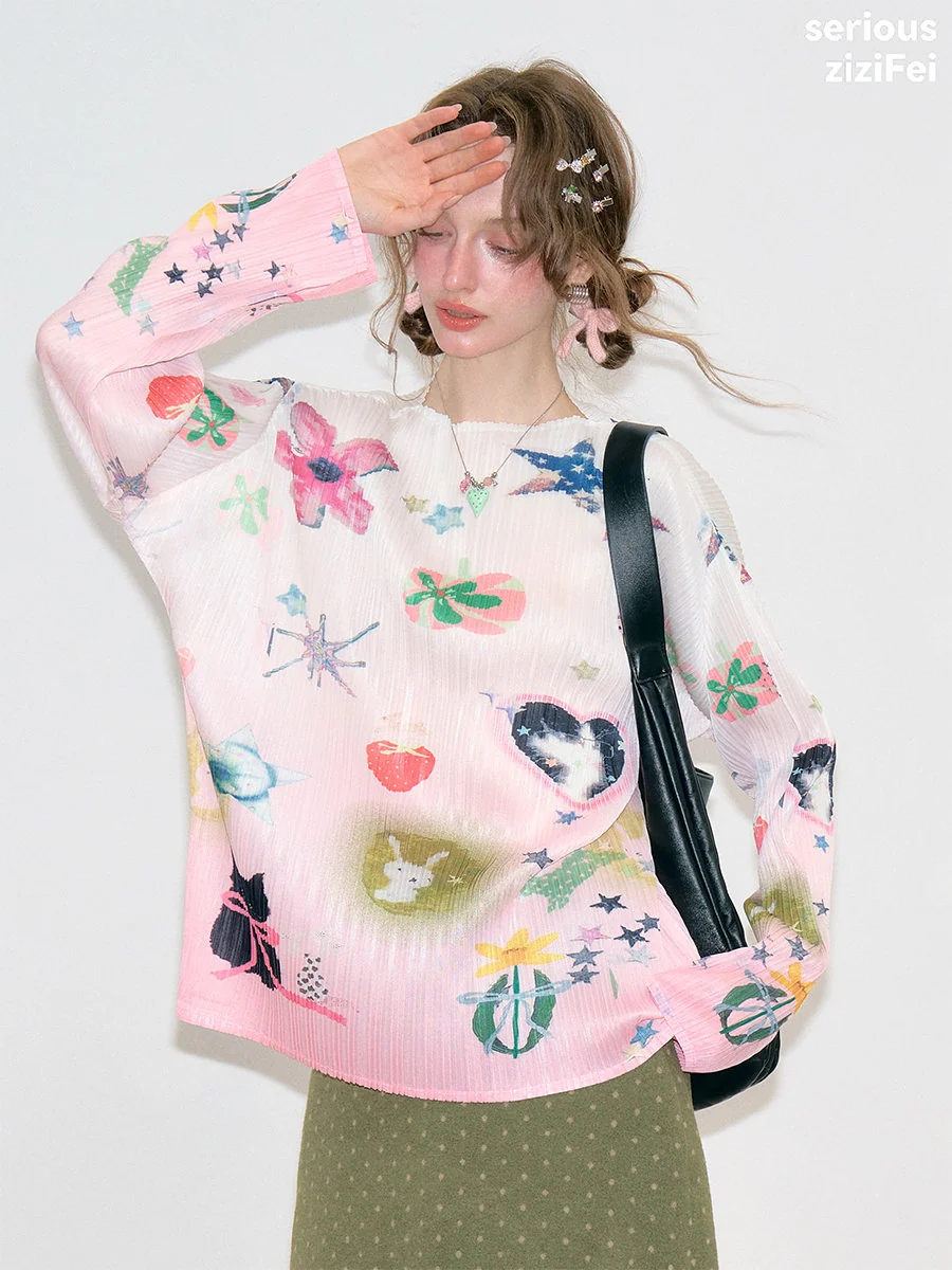 Y2K Pink Graphic Pleated Top - ziziFei by Land Decora