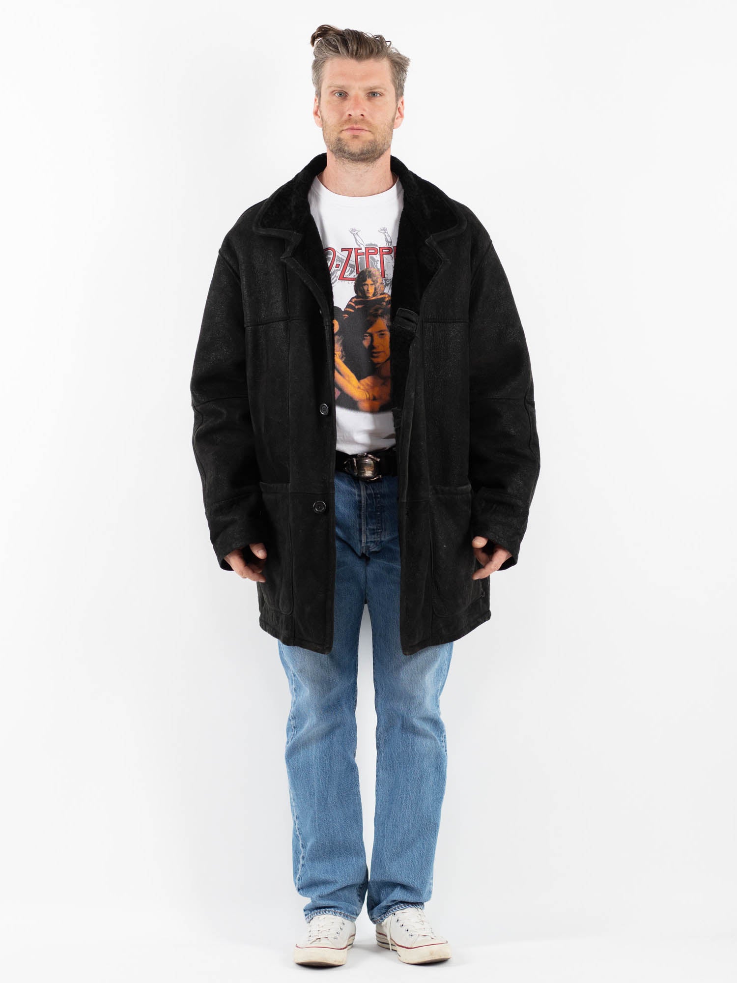 Vintage 90's Men Sheepskin Coat in Black by Northern Grip