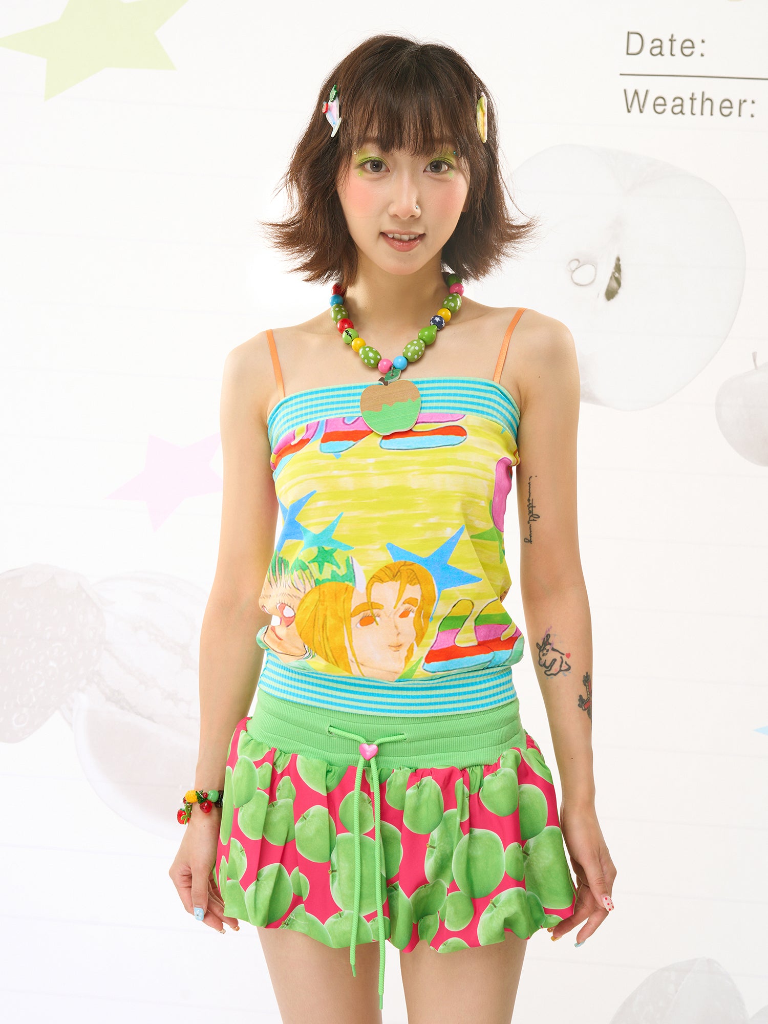 FRUITS Illustration‑Print Cami | Bandeau Cami Top | Stretch Knit by Land Decora