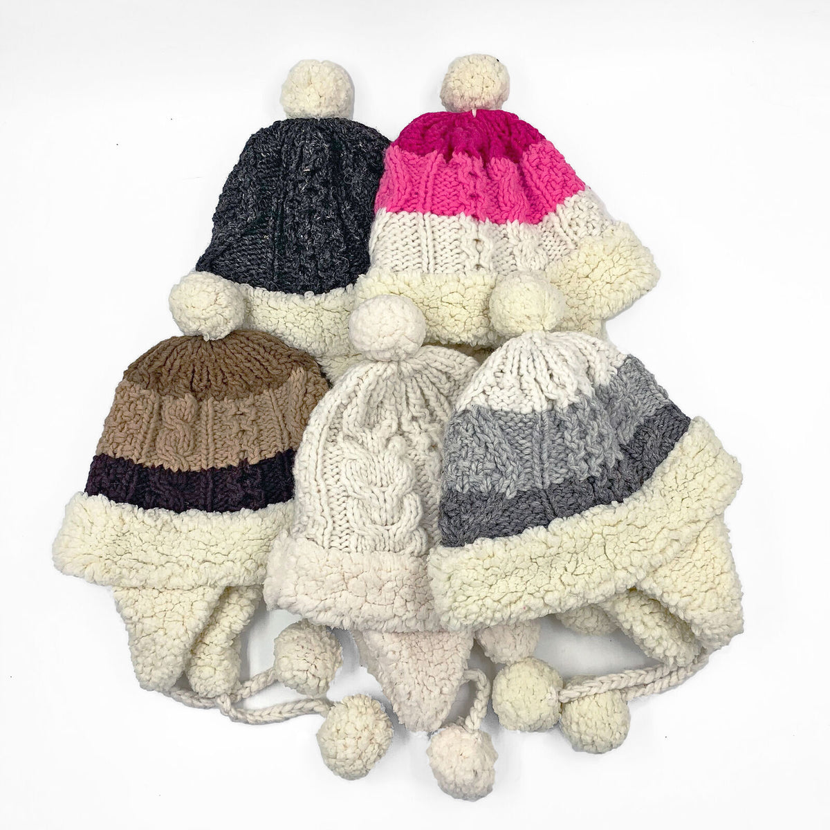 Lot of 20 Cable Knit Alpaca Wool Unisex Chullo Beanies Pom Pom Hats by ECUALAMA