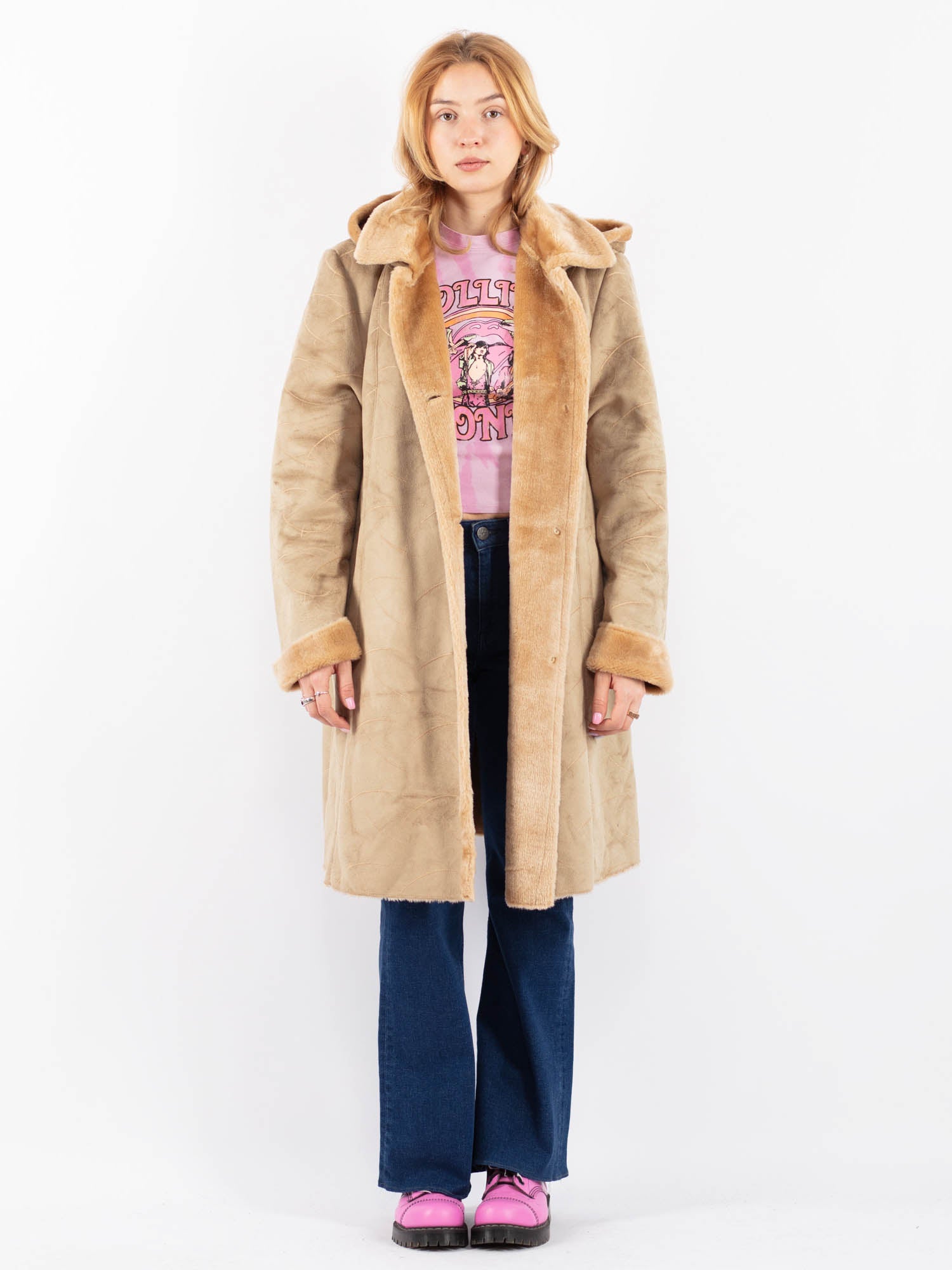 Vintage 90's Women Faux Sheepskin Coat in Beige by Northern Grip