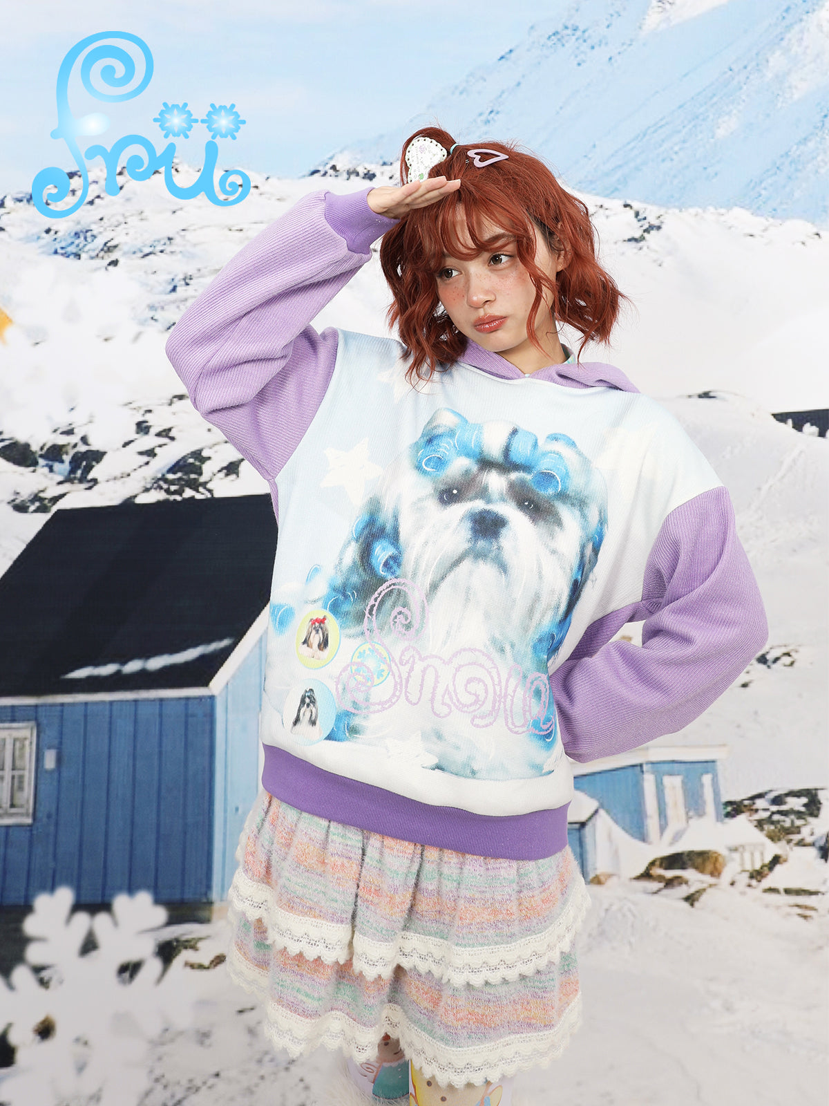frufru Hoodie with Dog Print | Harajuku Loose Fit Colorblock Pullover by Land Decora