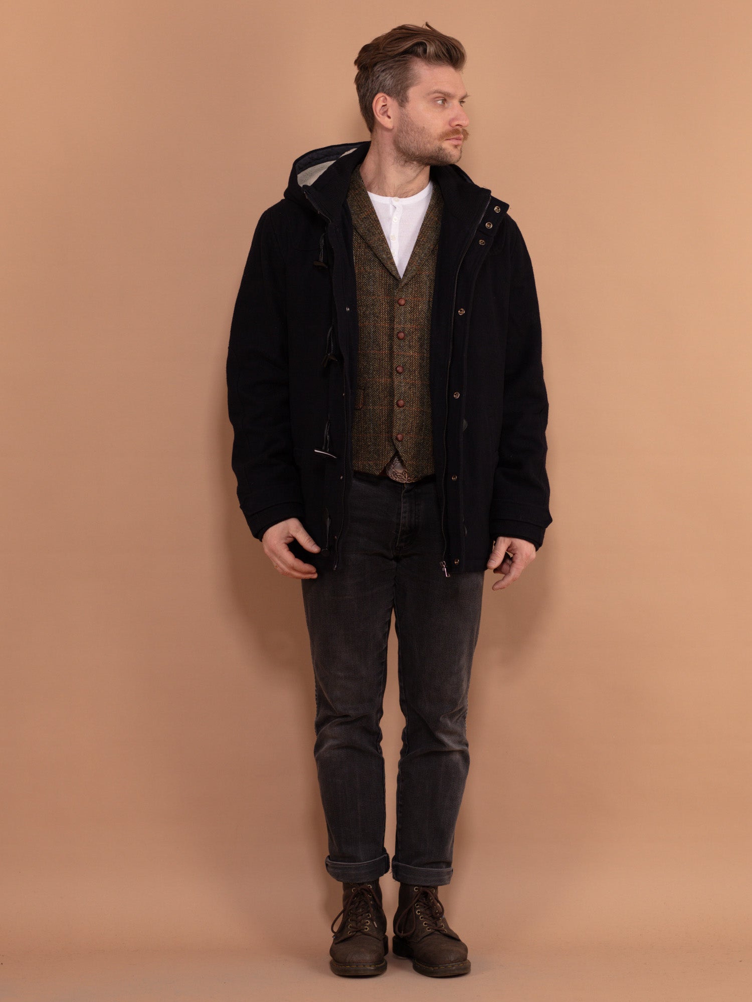 Vintage 90's Men Hooded Wool Duffle Coat in Blue by Northern Grip
