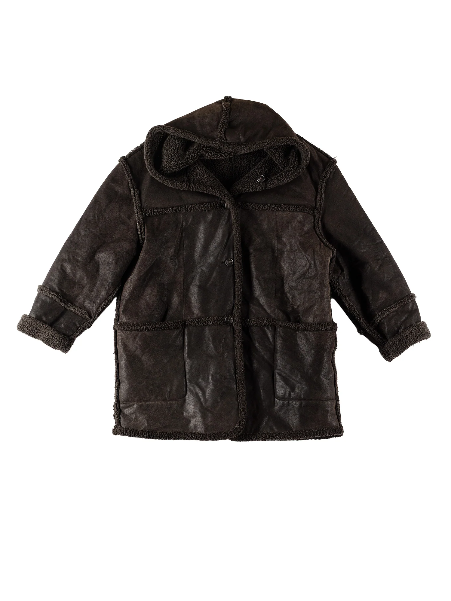 Vintage 80's Women Hooded Faux Sheepskin Coat in Black by Northern Grip