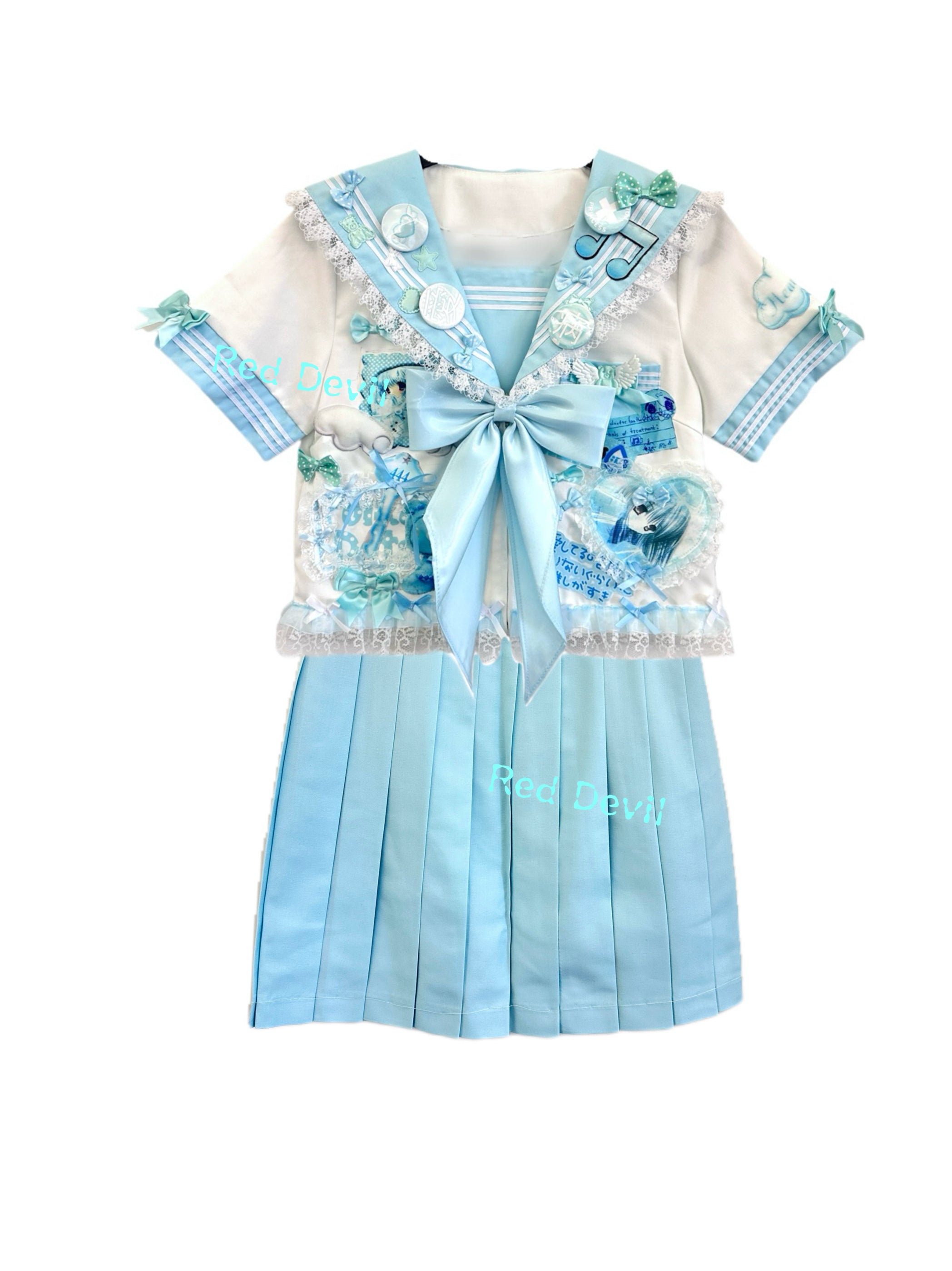 Decora Kei Mint Lace Sailor Dress Handmade Harajuku Outfit - RedDevil by Land Decora