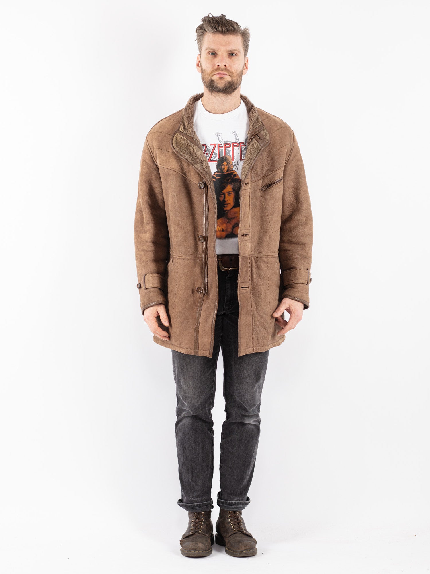 Vintage 80's Men Sheepskin Coat in Beige by Northern Grip