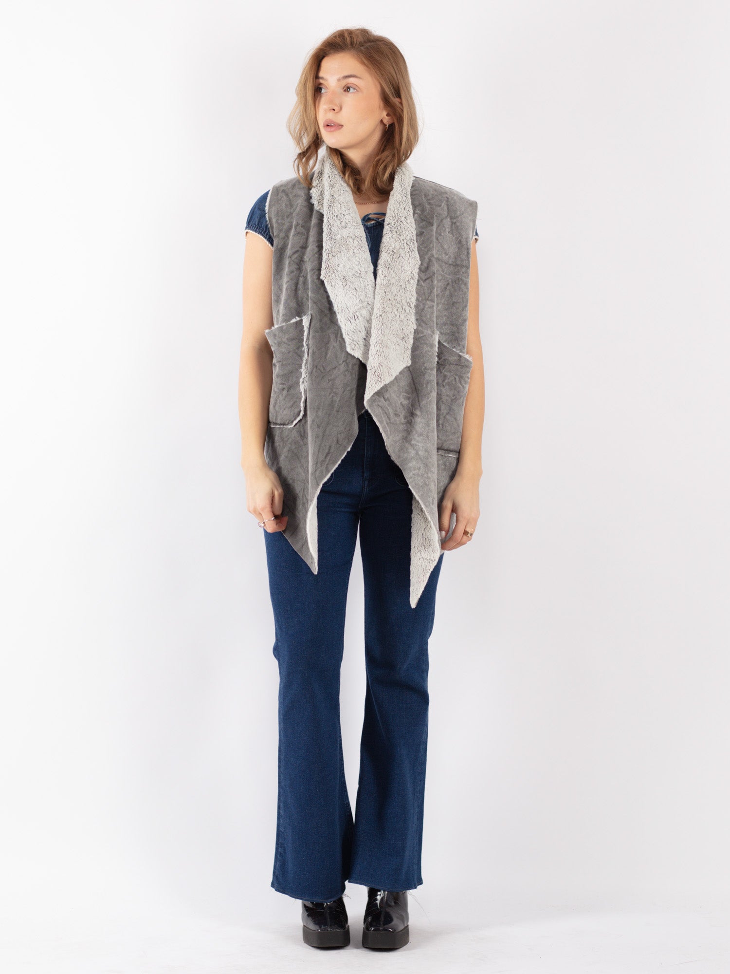 Vintage 90's Women Faux Sheepskin Vest in Gray by Northern Grip