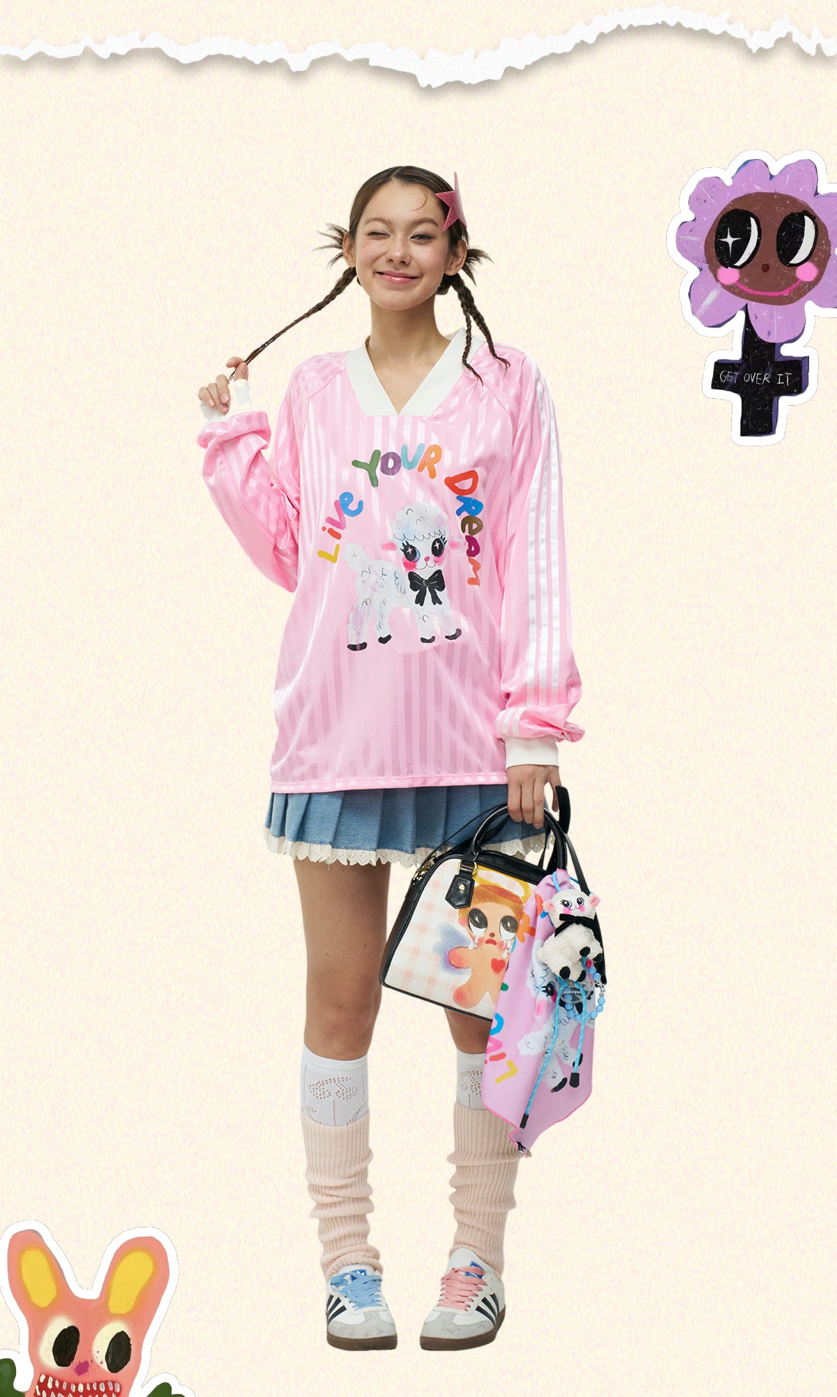iscreamcolour MOF Pink Sheep Print Baseball Long Sleeve Tee by Land Decora