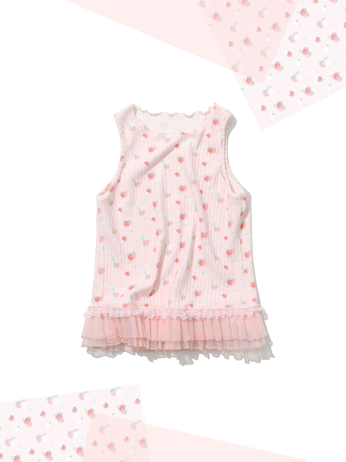 shishihshop Strawberry Frill Vest | Harajuku Layered Look Cotton Ruffl by Land Decora