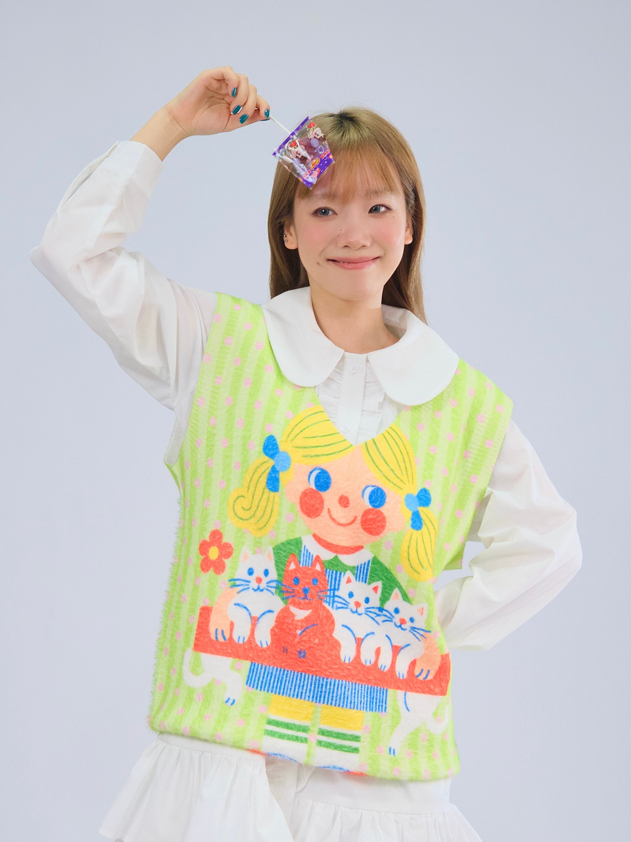 Kidcore Cat Girl Knit Vest Soft Fuzzy Sleeveless Top - MeowMeow Bug by Land Decora