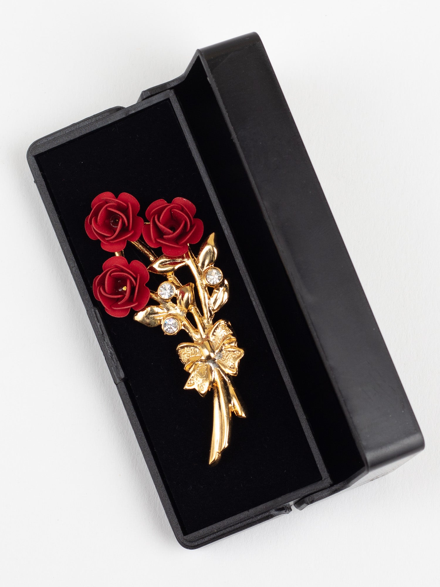 Vintage Gold-Tone Red Rose Bouquet Brooch with Rhinestones and Bow Detail by Northern Grip