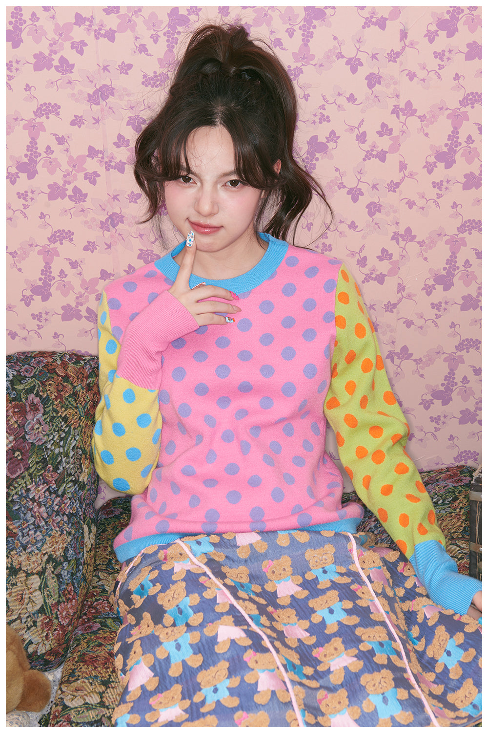 Kawaii Dopamine Polka Dot Knit Sweater - Color Block Pullover - tntntutu by Land Decora
