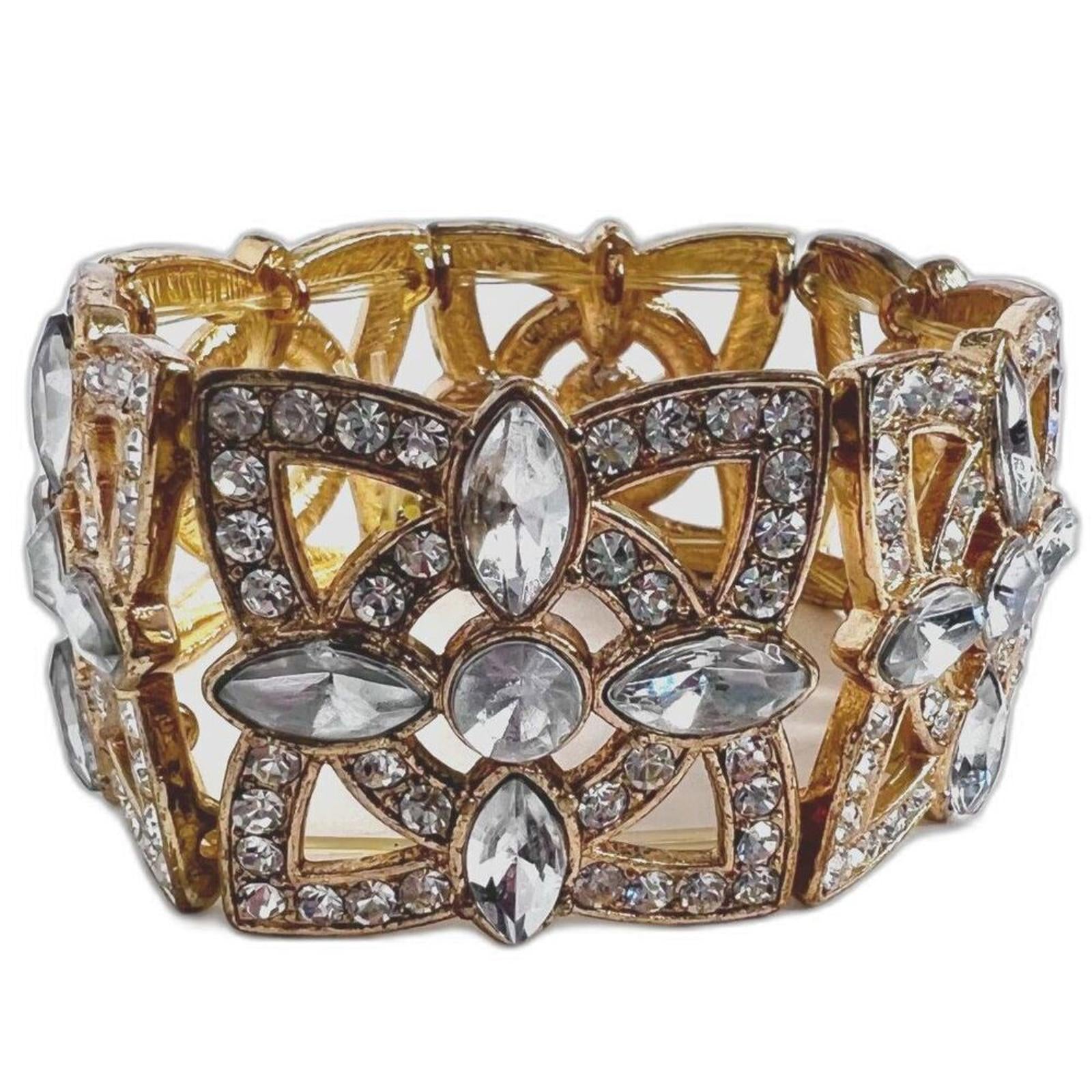 Vintage Gold Rhinestone Flower Bracelet Elastic Chunky Statement by Hot Girl Secondhand