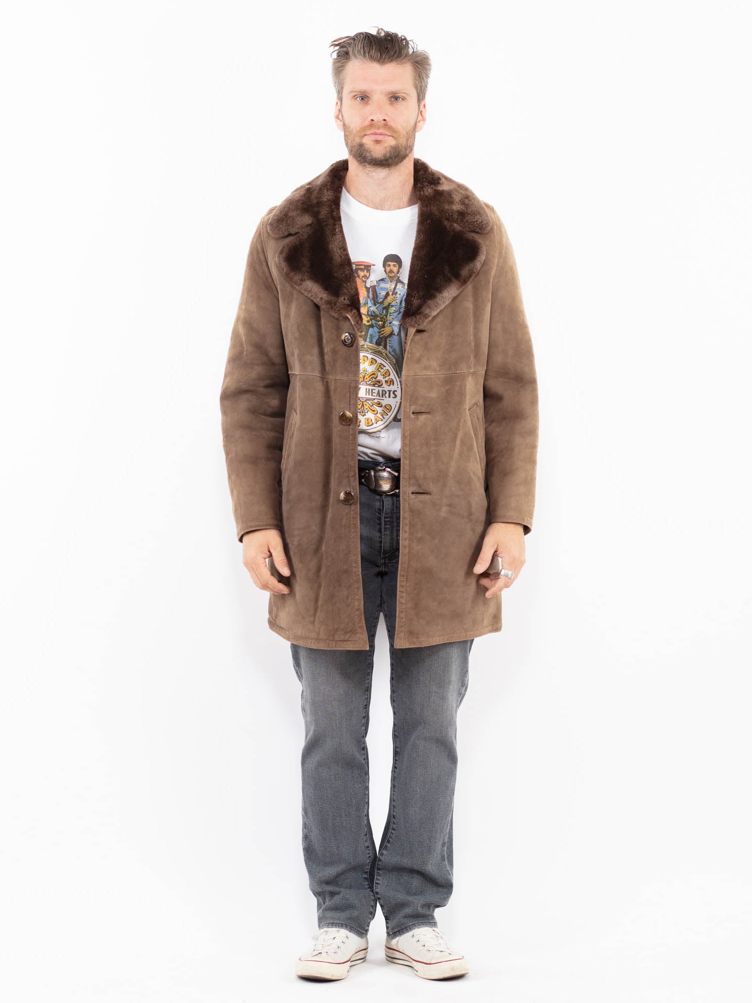 Vintage 70's Men Sheepskin Coat in Beige by Northern Grip