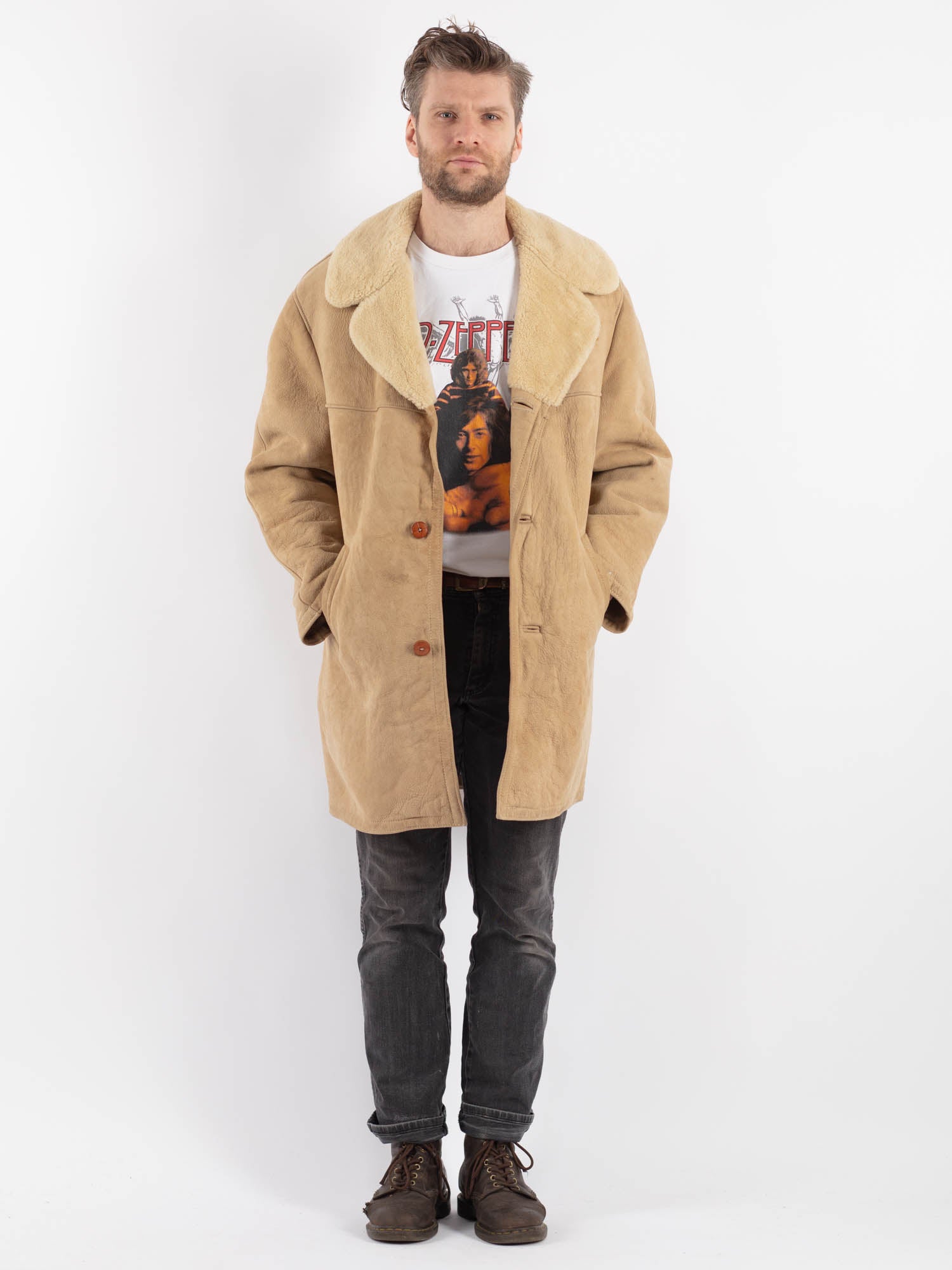 Vintage 70's Men Sheepskin Coat in Beige by Northern Grip