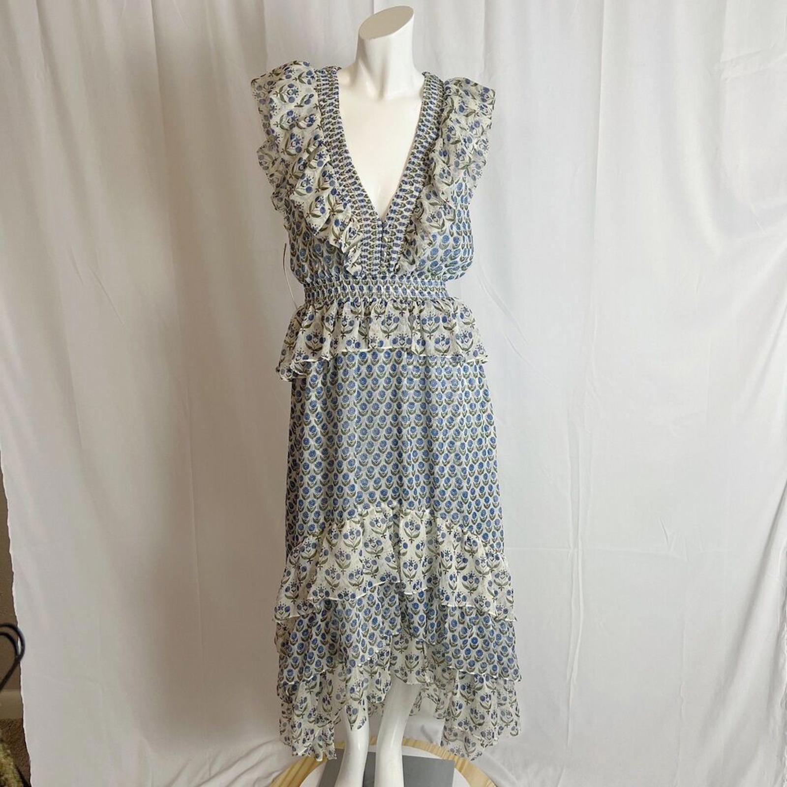 NWT Misa Los Angeles Ruffle Tiered Midi Dress Blue Floral Cottagecore by Hot Girl Secondhand