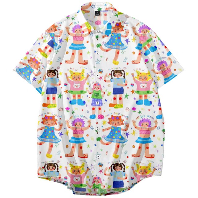 Kidcore Doodle People Print Shirt Loose Fit Cartoon Style - MooYo by Land Decora
