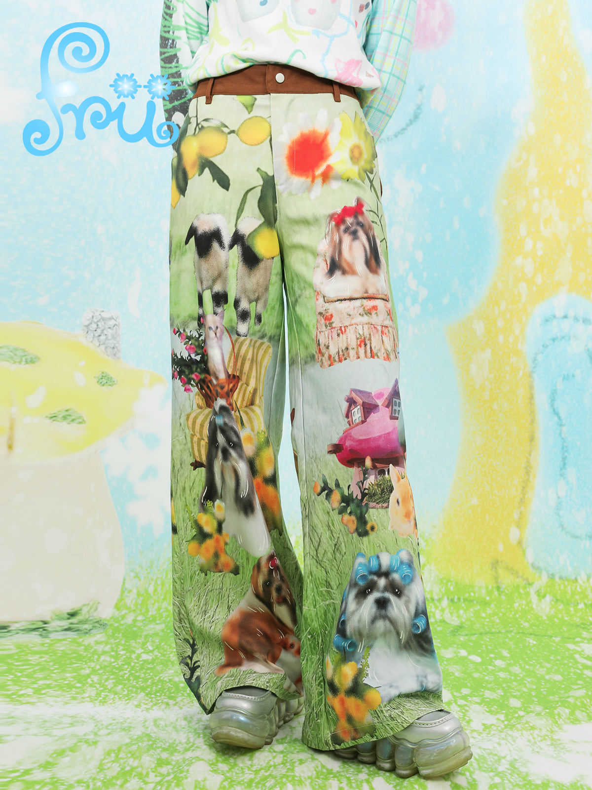 frufru Green Dog Print Pants | Wide-Leg Casual Pants | Cotton Vintage by Land Decora