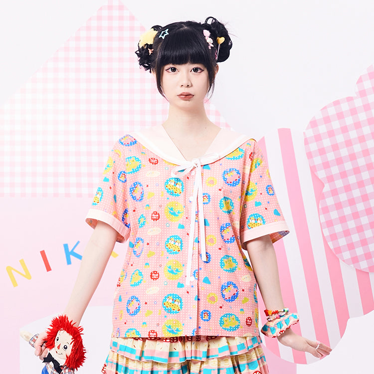 NIKKOU Home Shirt Printed Navy Collar Shirt Cute Colorful Shirt by Land Decora