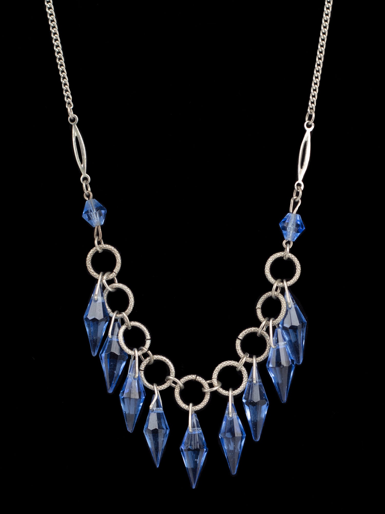 Vintage Art Deco Style Blue Glass Dangle Pendant Necklace by Northern Grip